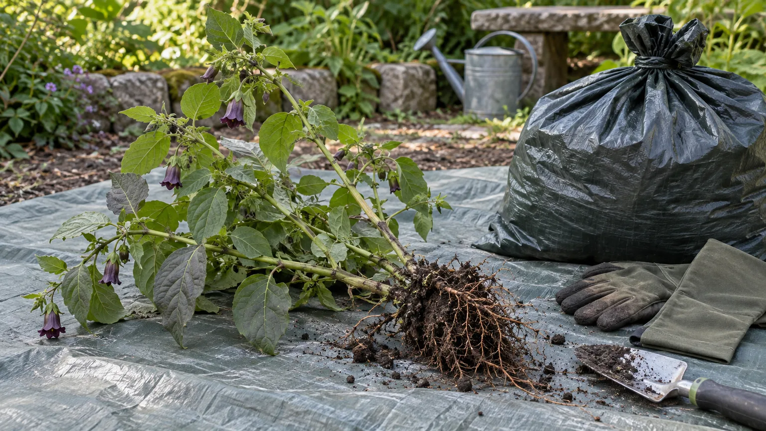 Deadly nightshade on a tarp with its root mass, closed yard-waste bag, gloves, and hand trowel nearby