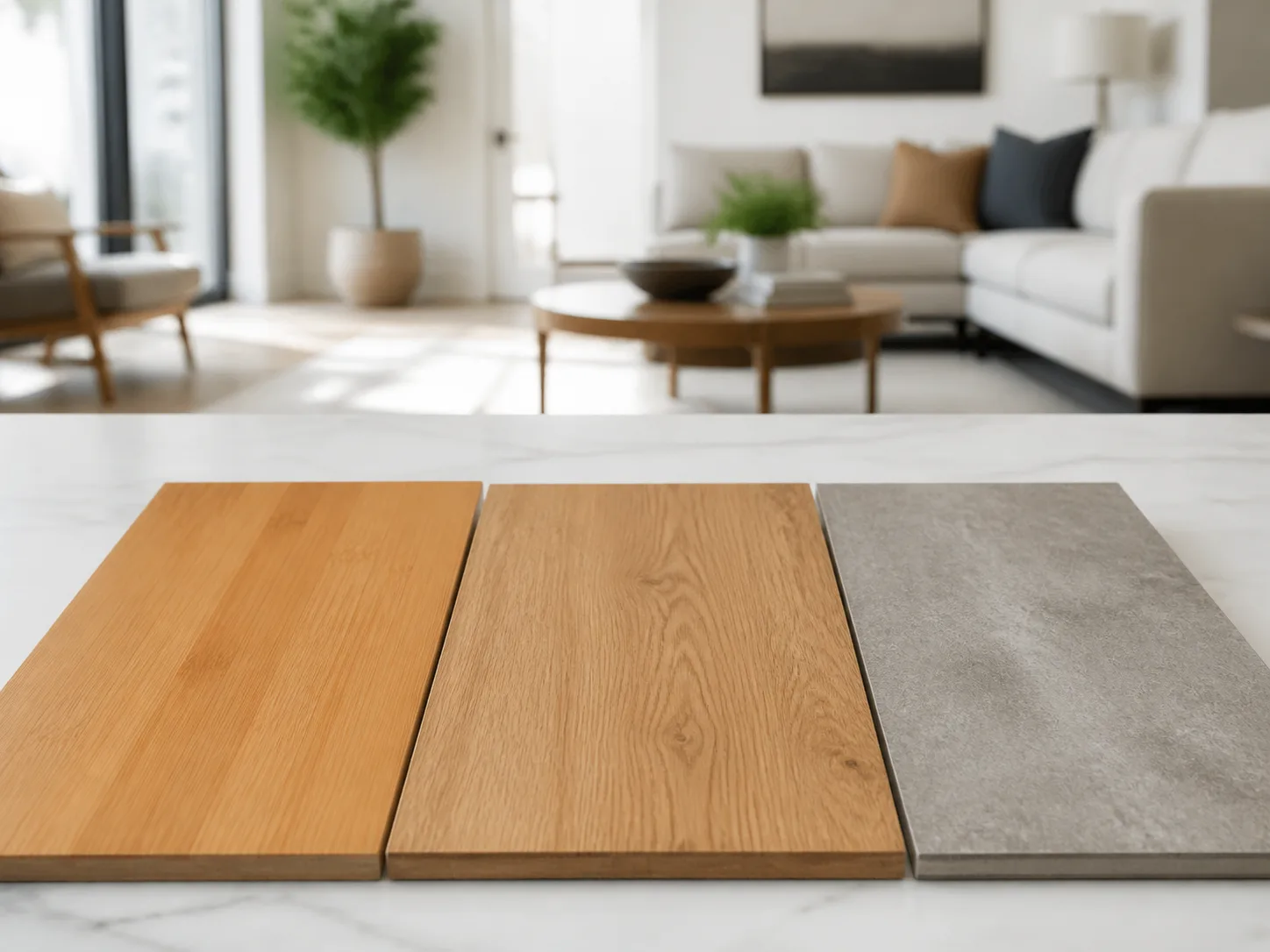 Bamboo, wood, and a contrasting flooring sample show how grain and surface color differ across floor products.