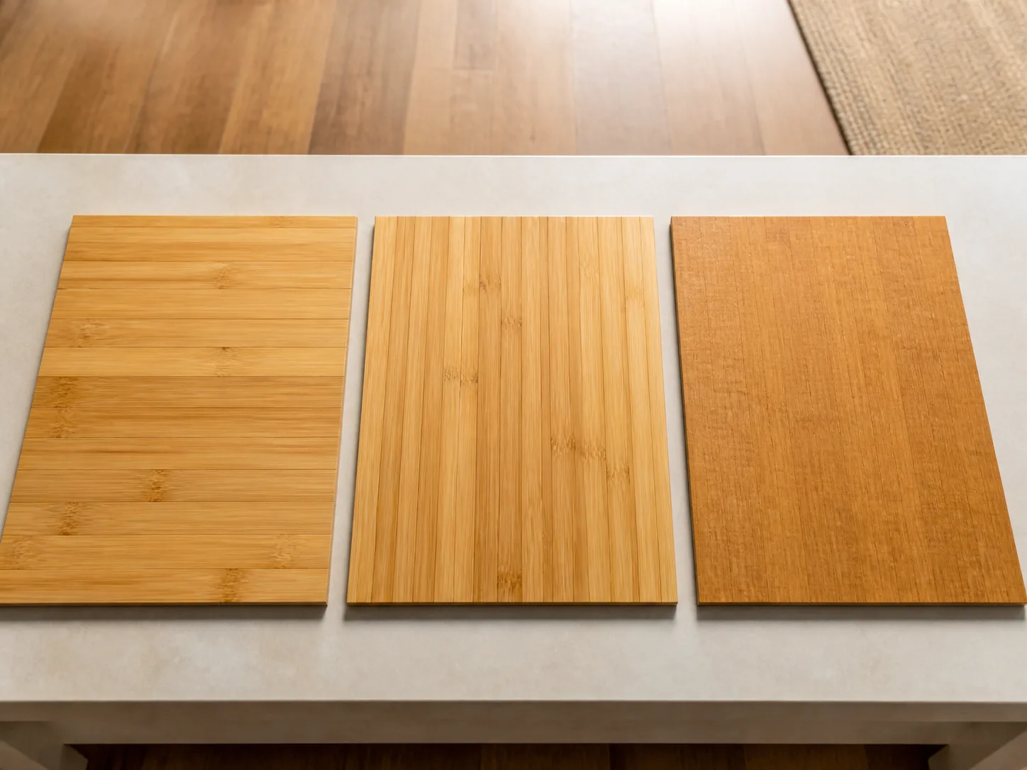 Three bamboo flooring constructions with distinct strip and strand patterns