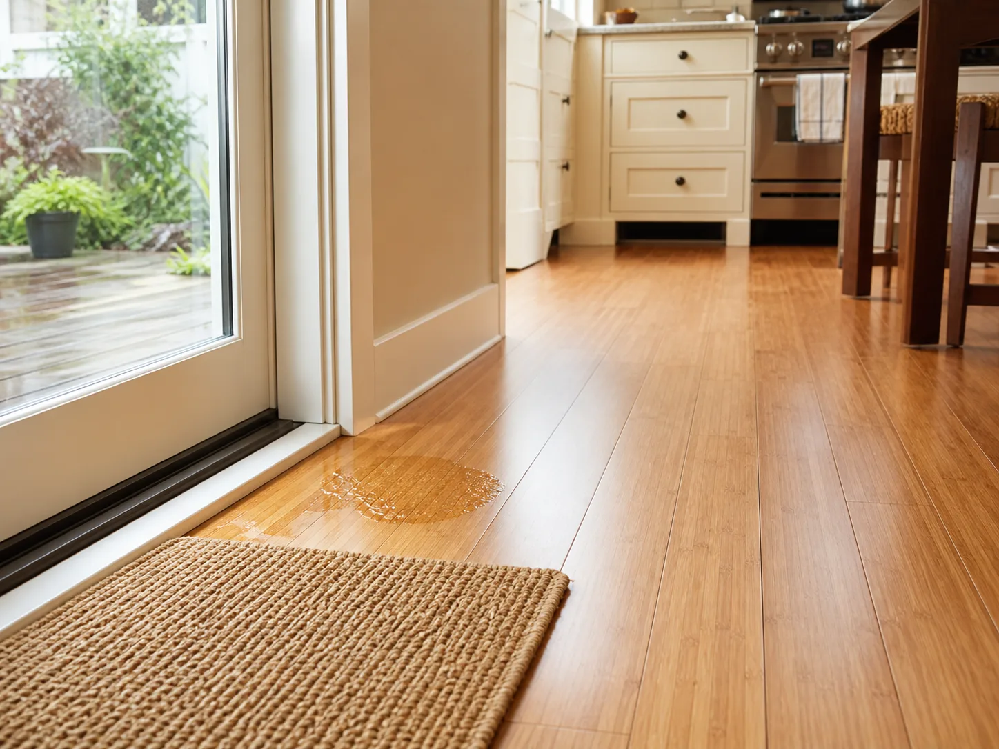 A small spill on bamboo flooring at a doorway needs a prompt wipe-up