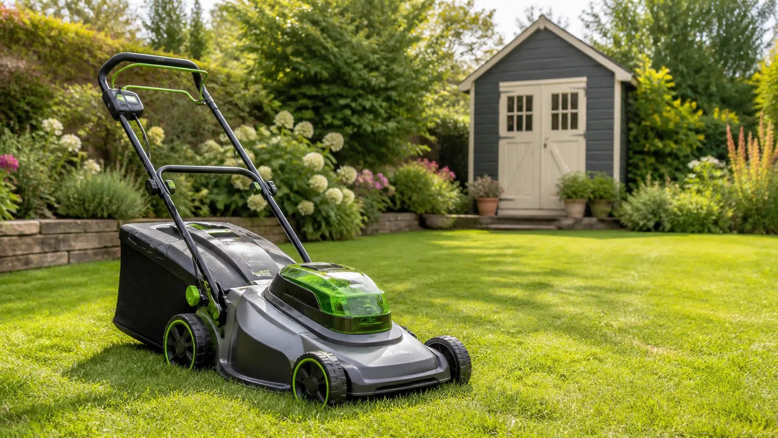 A cordless walk-behind mower on a sunny residential lawn