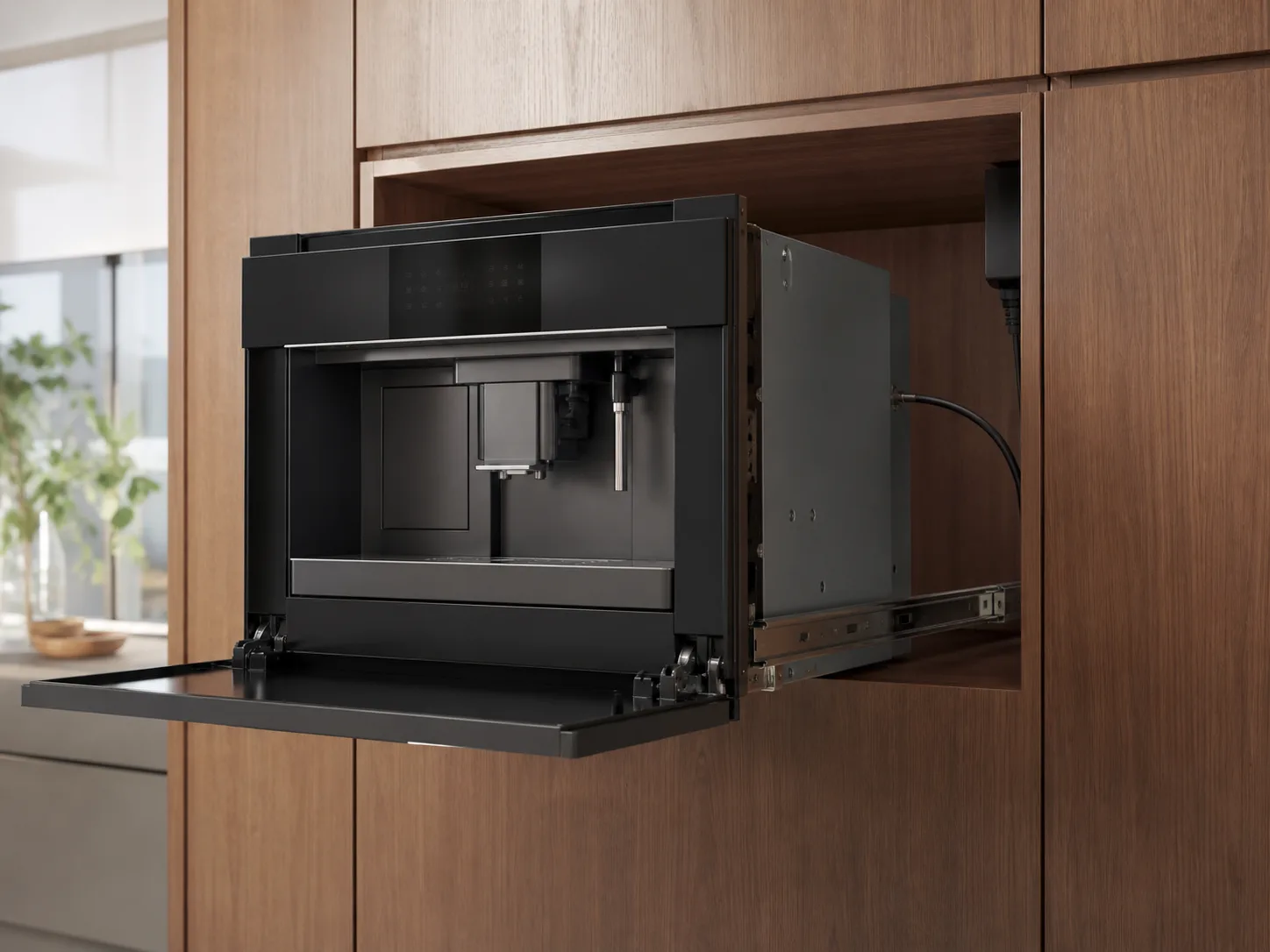 Built-in coffee machine pulled forward from cabinetry with its access tray open