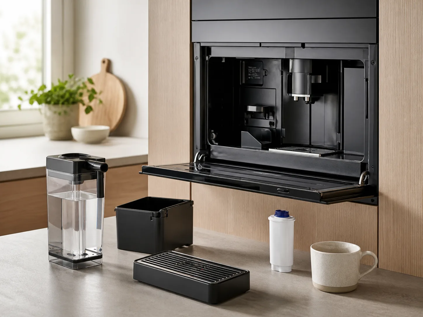 Built-in coffee machine with its removable water tank, drip tray, grounds container, filter, and mug laid out for cleaning