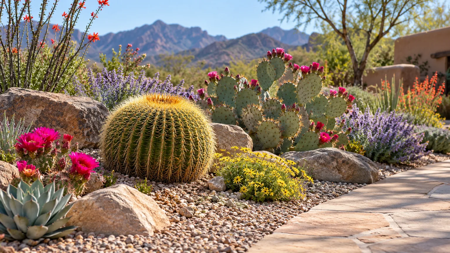 Barrel cactus and prickly pear cactus growing in a sunny, gravelly garden bed