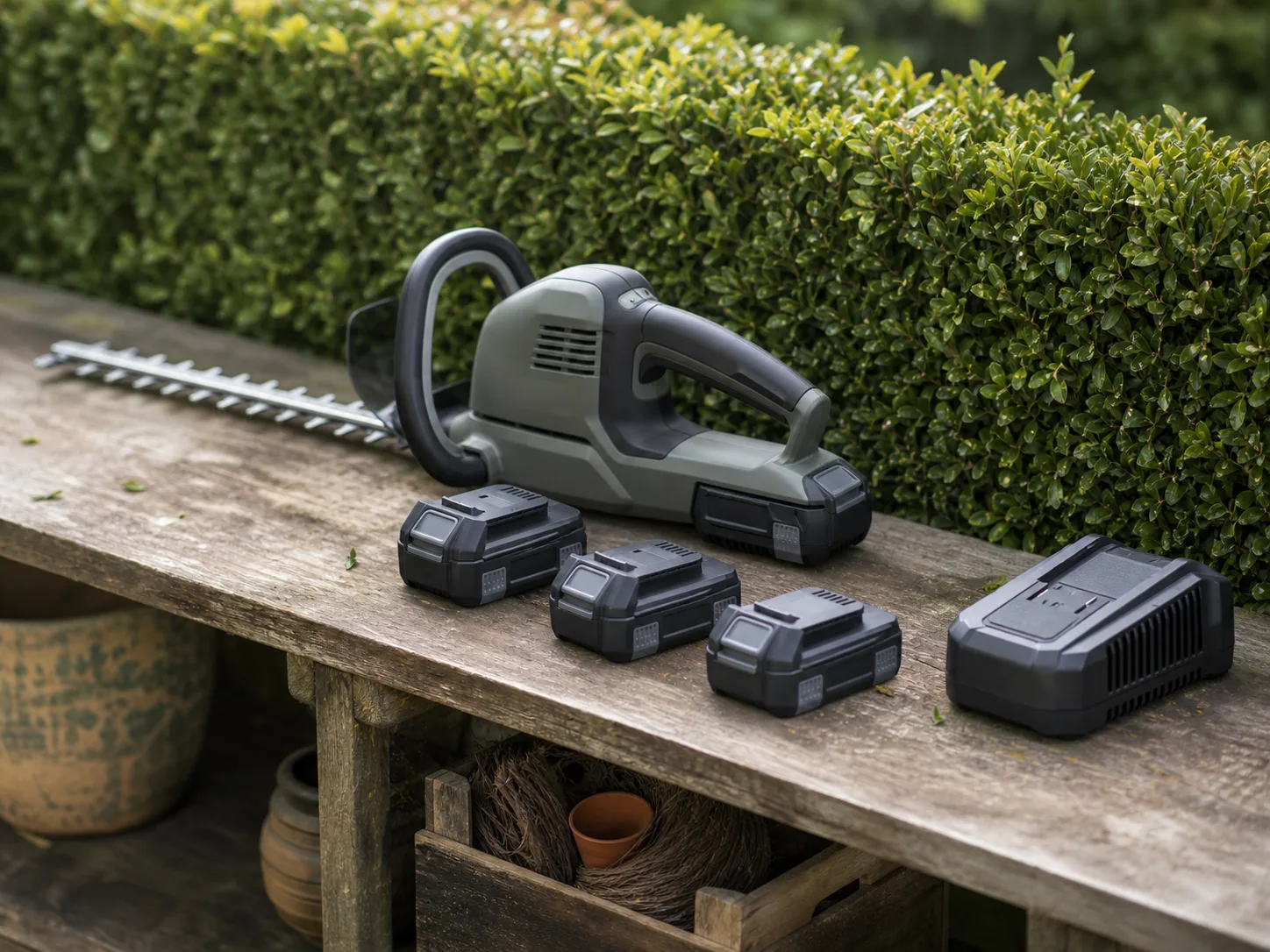 Cordless outdoor power tool batteries and chargers on a workbench