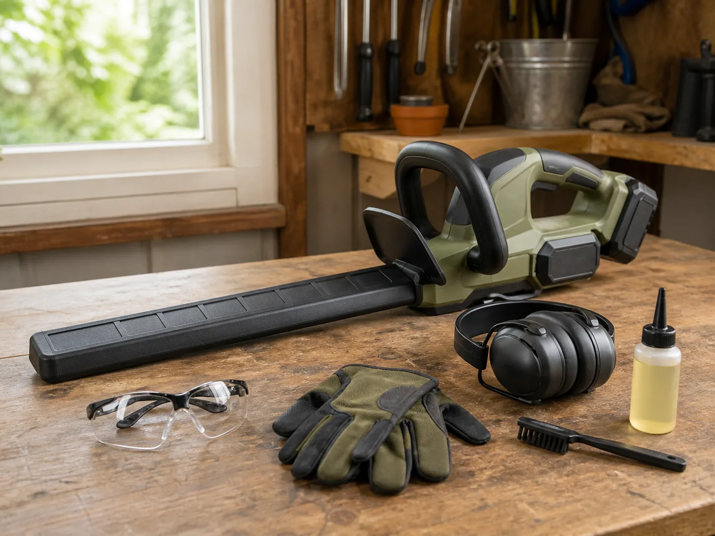 Protective gear and a cordless hedge trimmer arranged before trimming