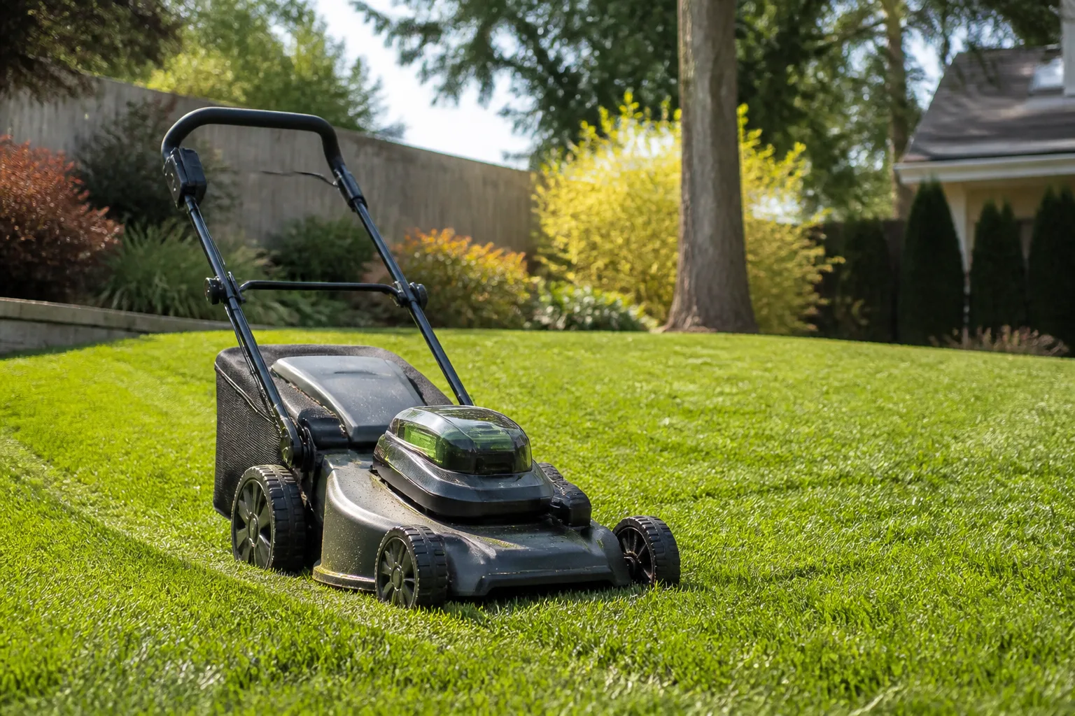 Cordless walk-behind mower on a sunny residential lawn