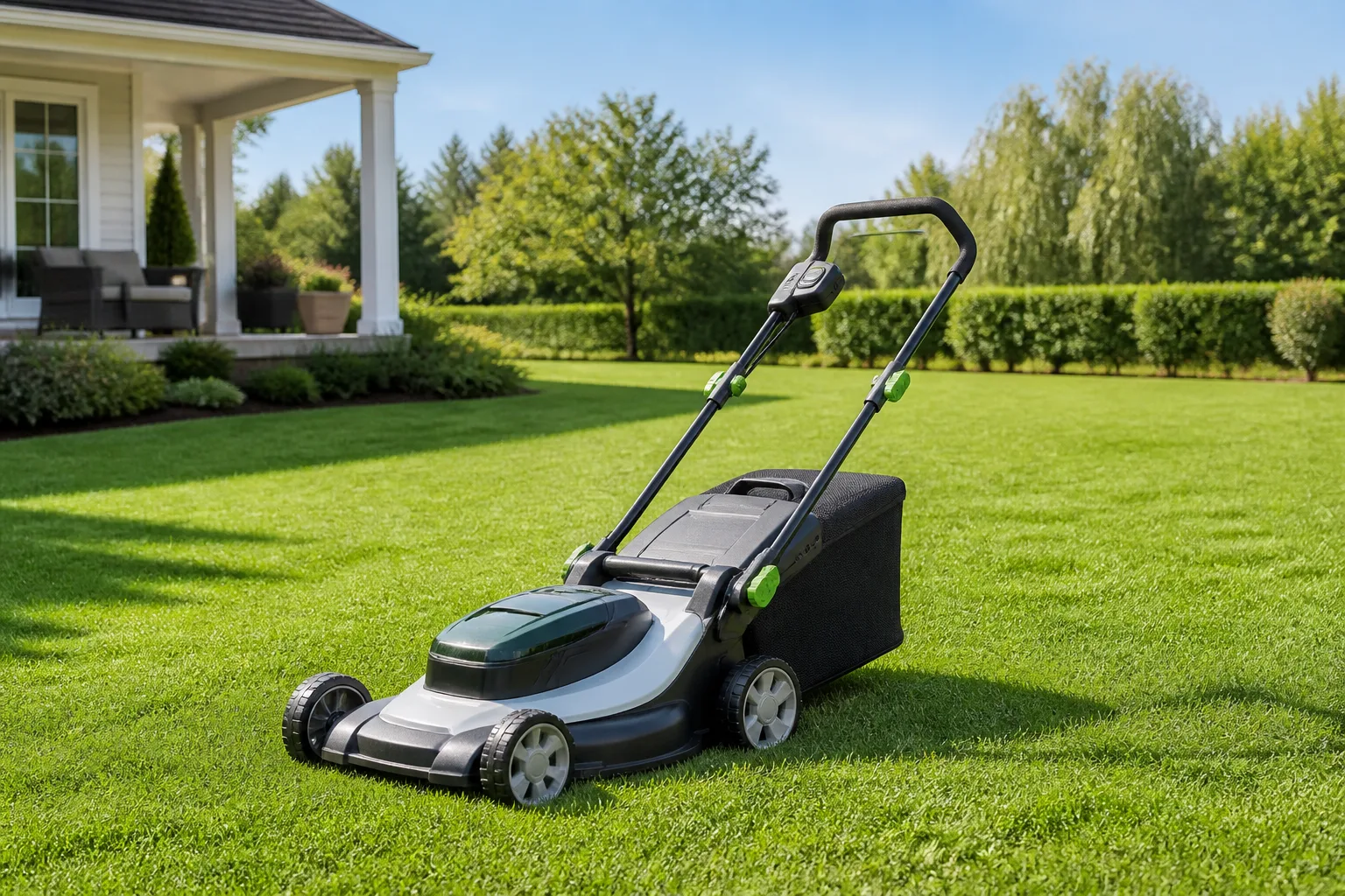 Push mower with adjustable deck height lever on a residential lawn