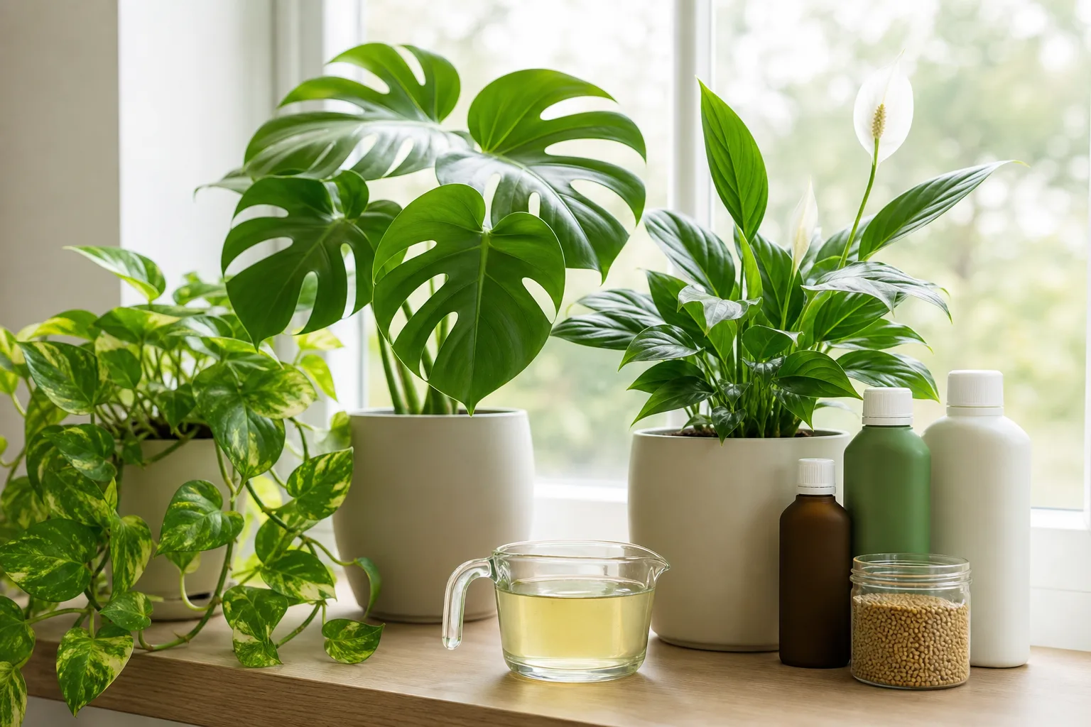 Collection of liquid and granular fertilizers beside healthy potted houseplants on a bright windowsill