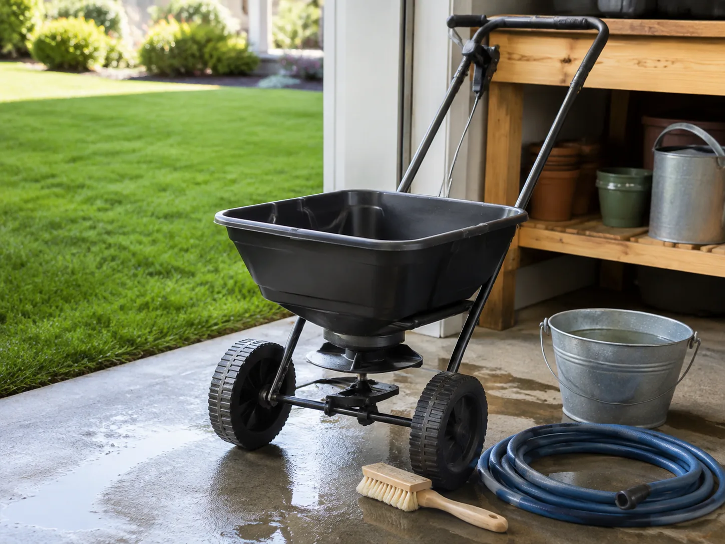 A broadcast spreader ready for measured lawn fertilizer application