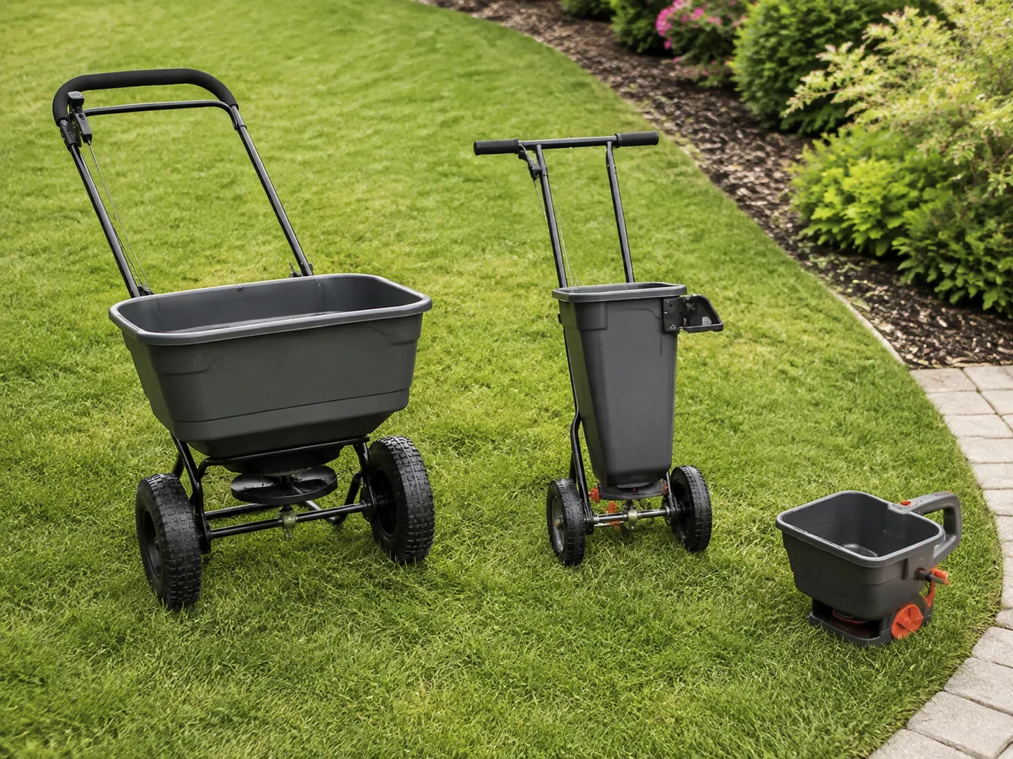 A broadcast spreader and drop spreader on a lawn show two common tools for distributing granular amendments evenly.