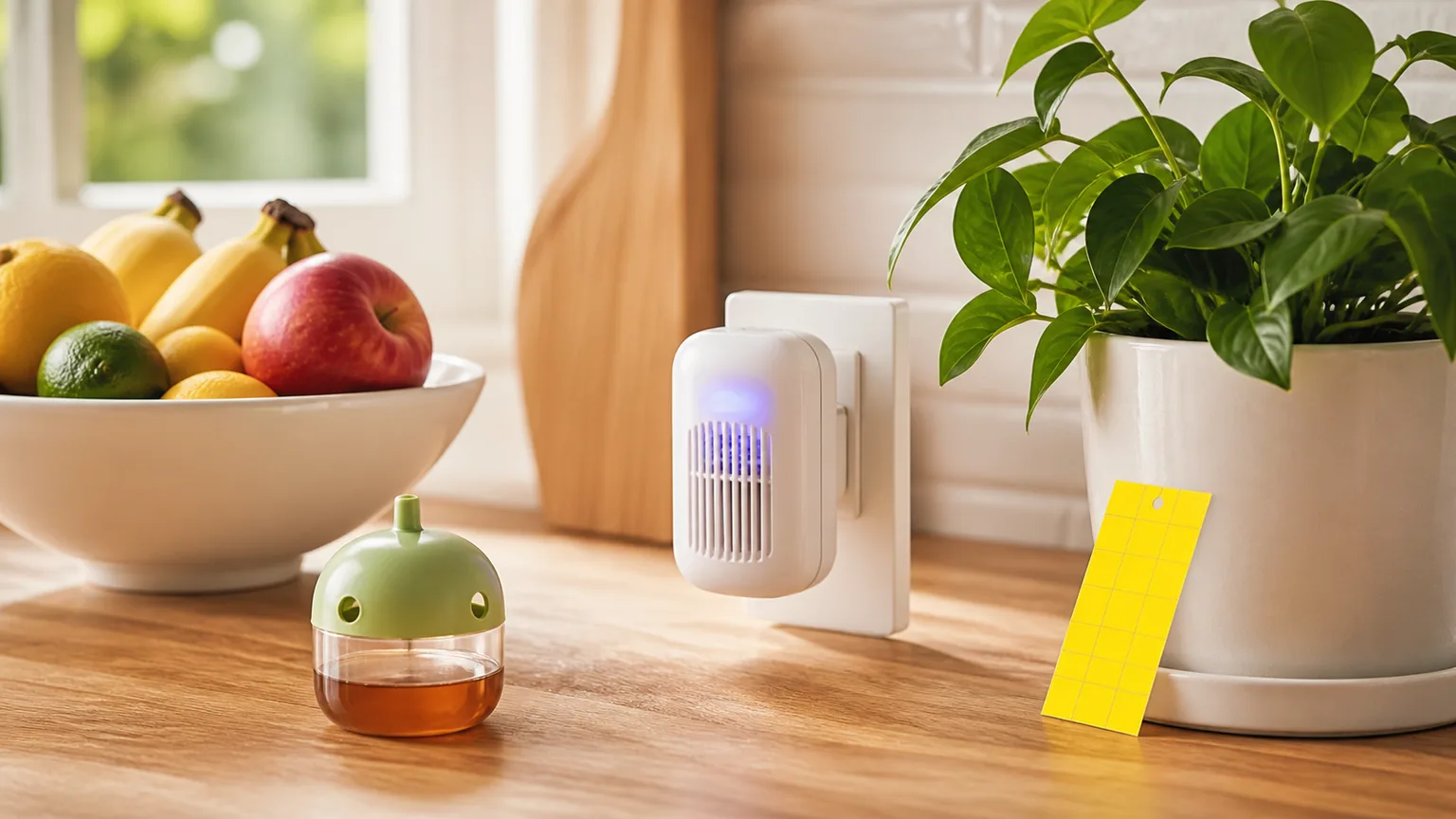 Plug-in, bait, and sticky fly traps arranged beside fruit and a houseplant in a bright kitchen