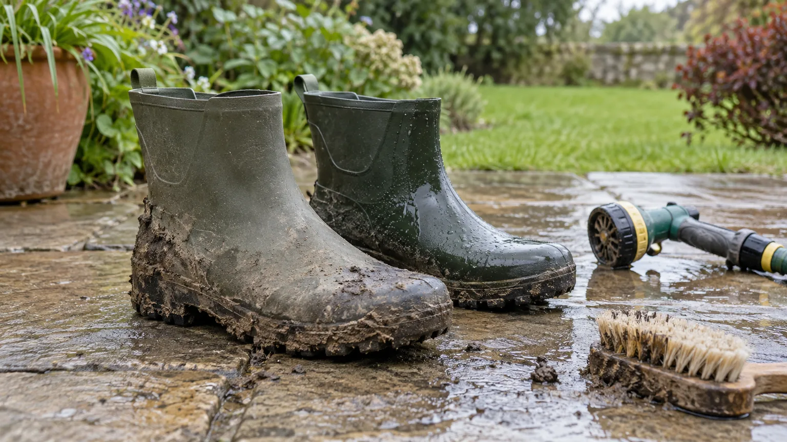 Gardening boots and a scrub brush prepared for cleaning
