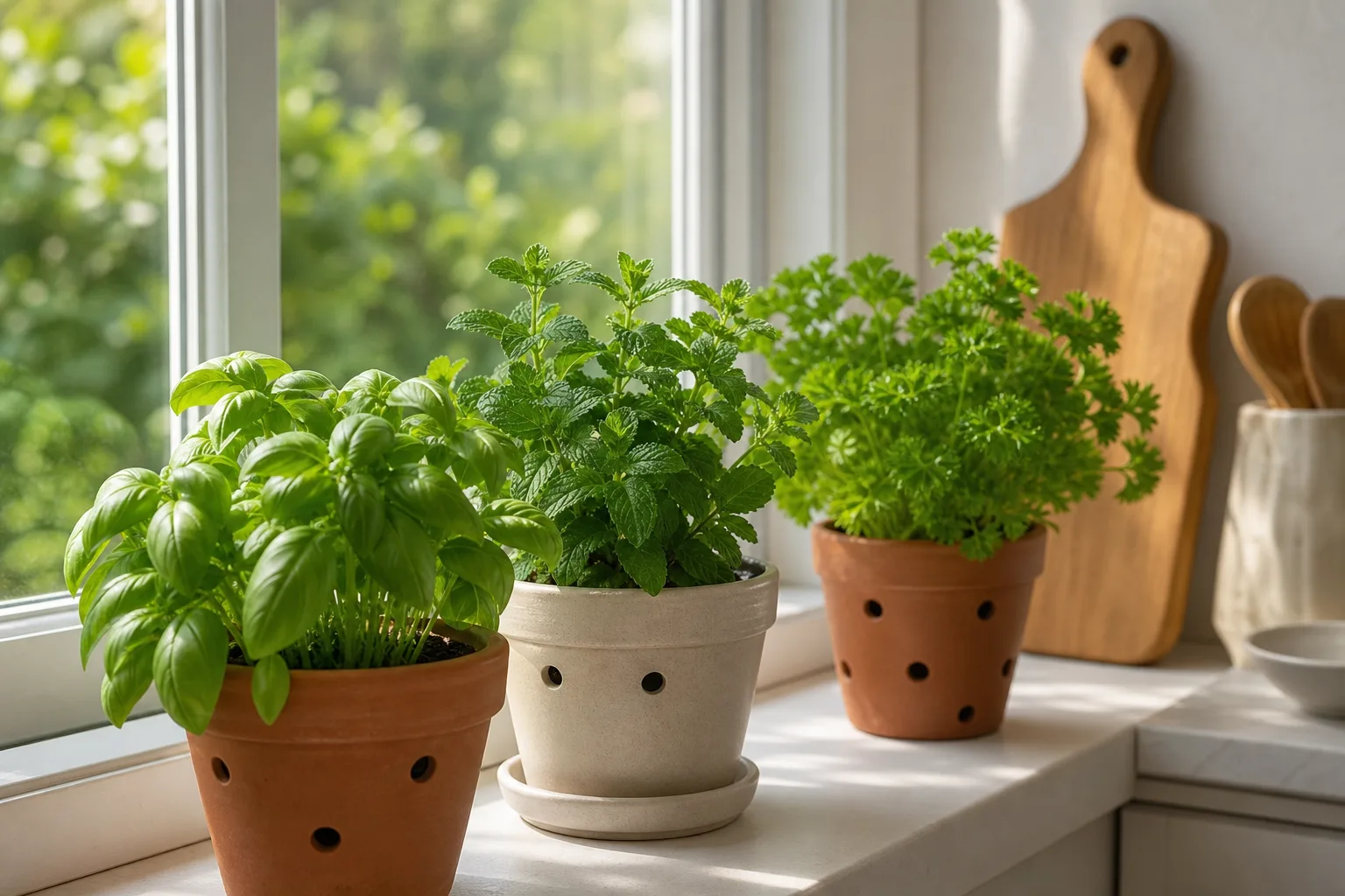 Kitchen windowsill with multiple potted culinary herbs in bright daylight