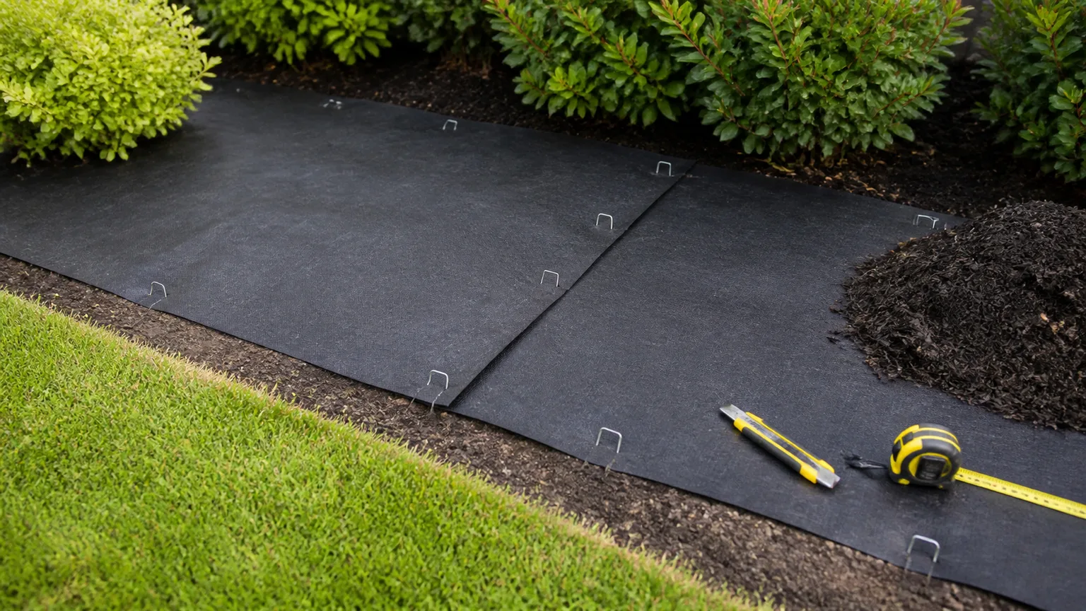 Landscape fabric sheets overlapped and pinned before mulch is added