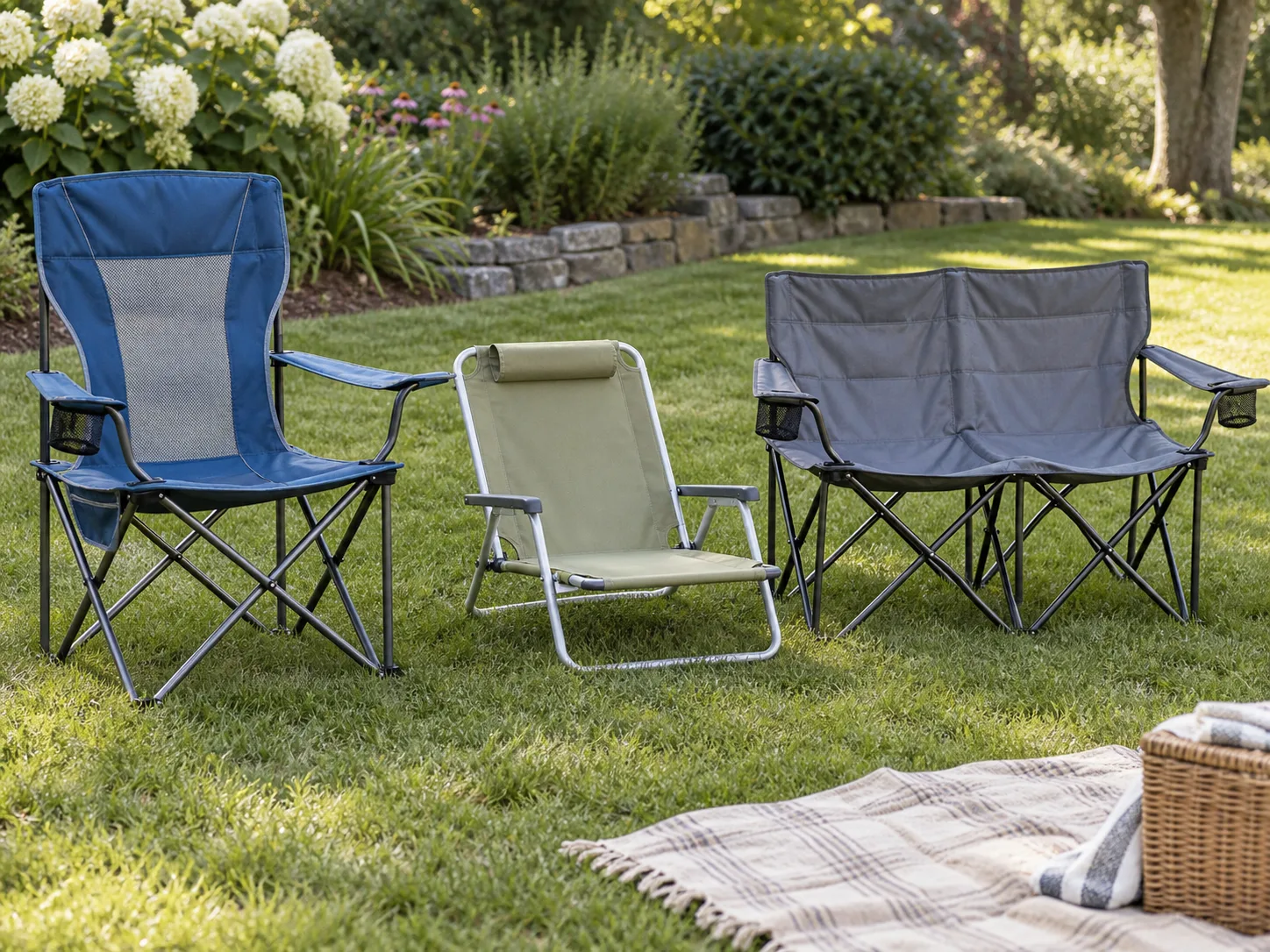 Three different outdoor lawn chairs arranged on grass beside a folded throw