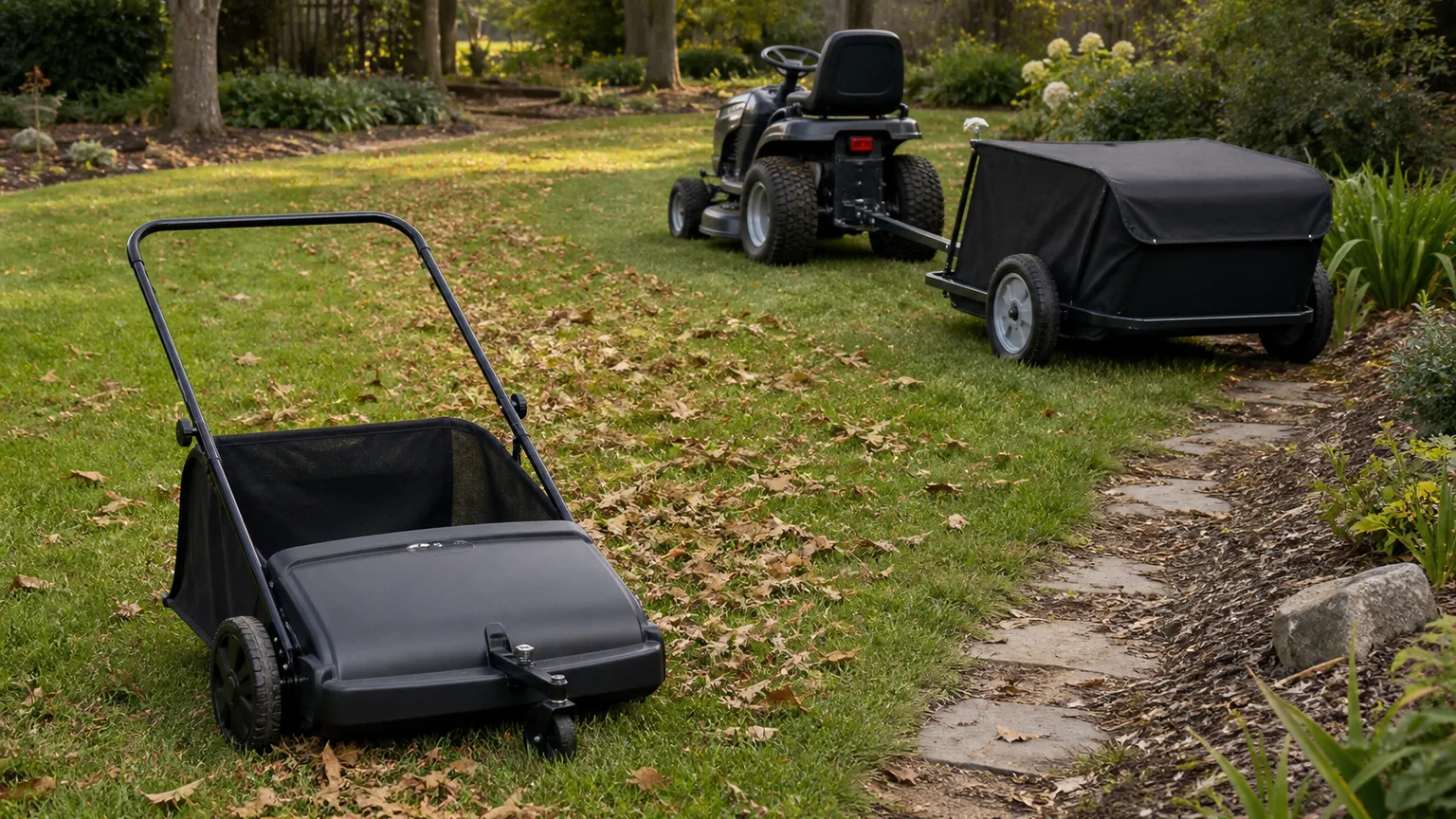 Push lawn equipment beside a tow-behind yard attachment, illustrating manual versus tractor-pulled options