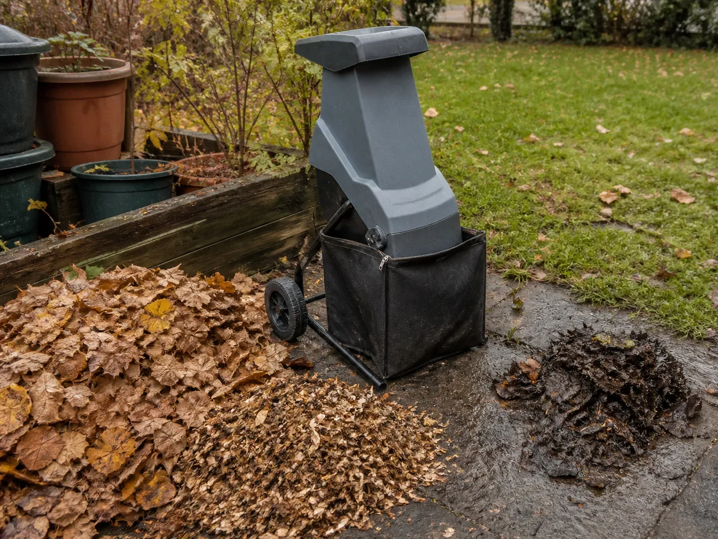 Leaf litter being processed with a garden leaf mulcher beside a lawn
