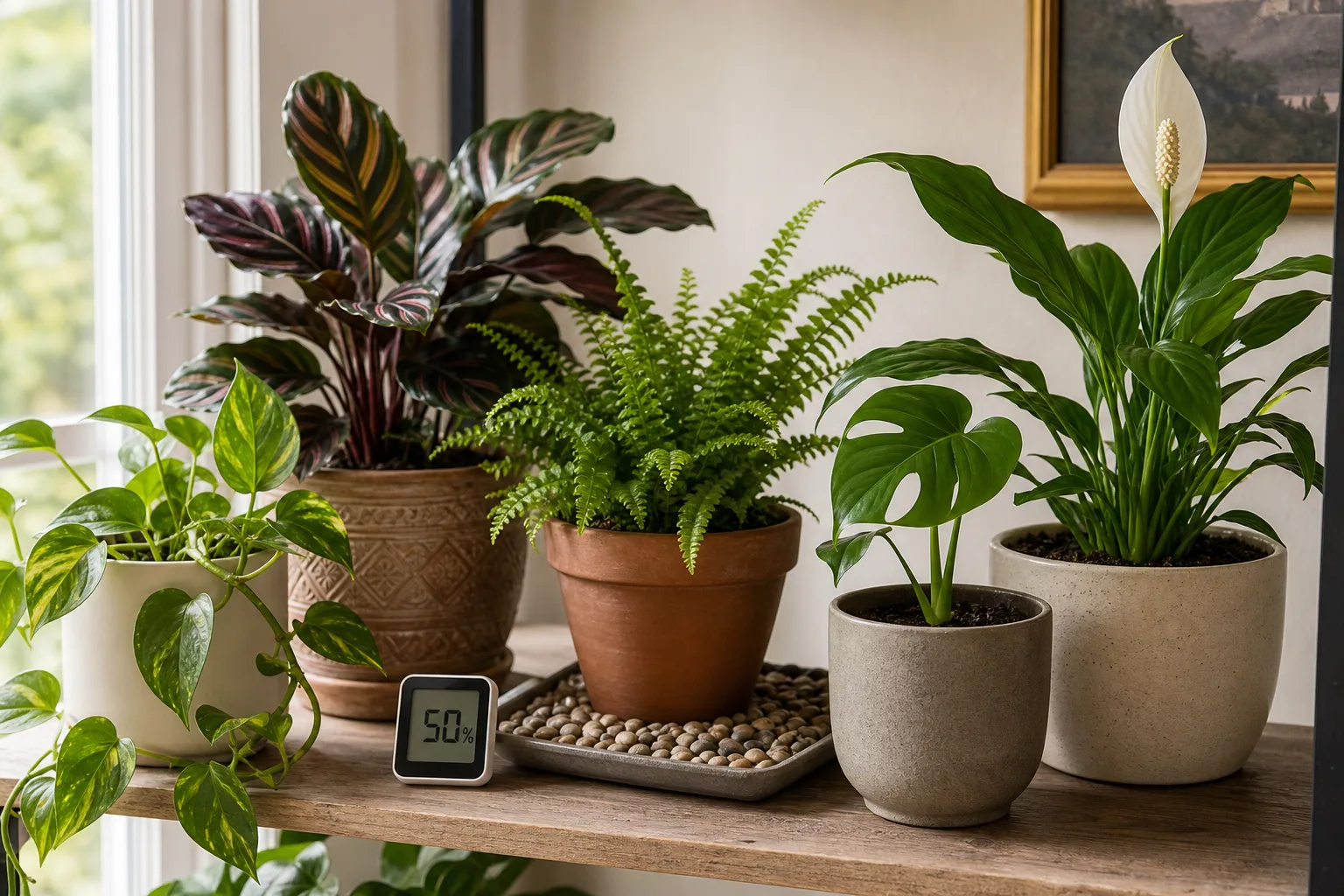 Grouped houseplants on a shelf sharing humidity in a winter indoor room