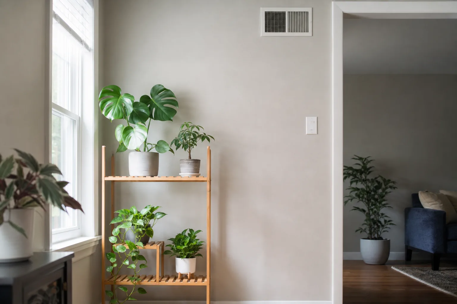 Houseplants grouped on a shelf away from an HVAC vent in a small indoor space