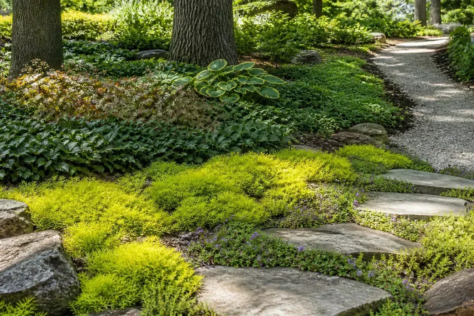 Dense low ground cover spreading across a shaded garden bed beside taller perennials