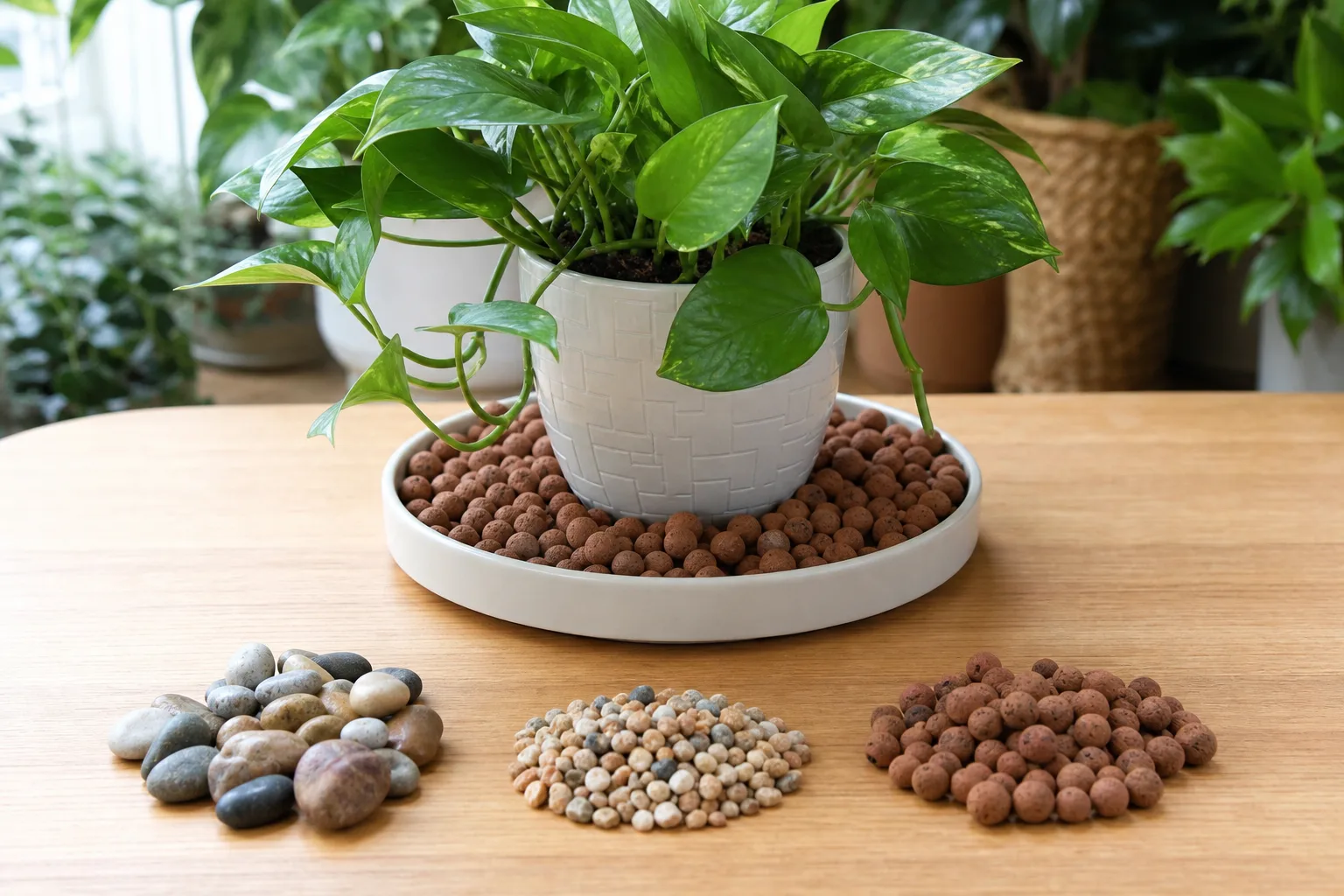 Clay LECA pebbles in a humidity tray under a lightweight nursery pot