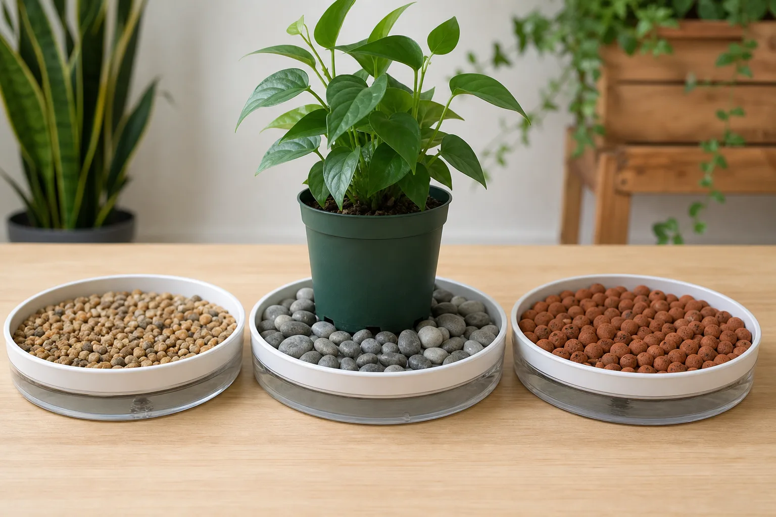 Three identical 10-inch saucers filled with pea gravel, river pebbles, and LECA for a side-by-side refill and stability test