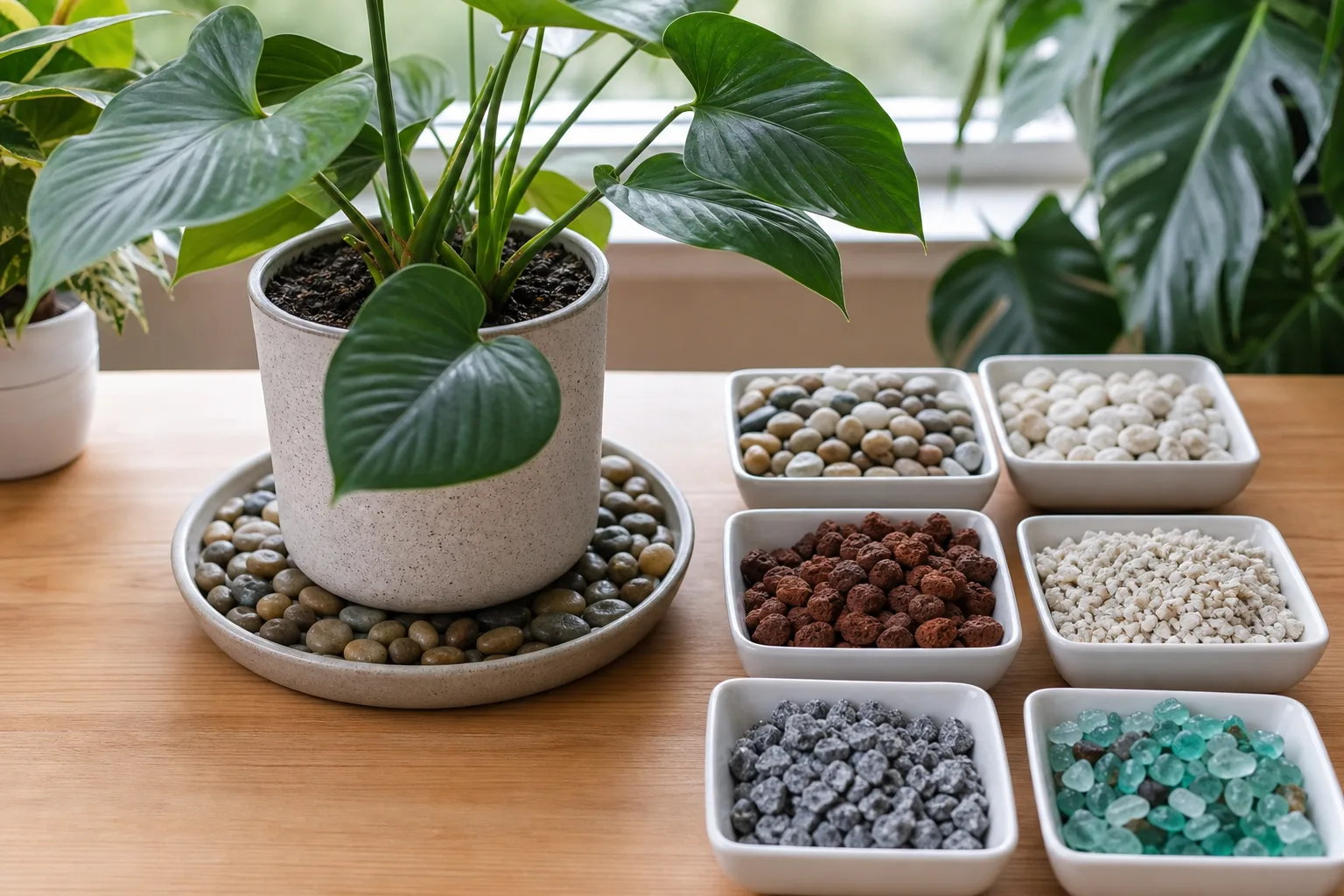 Examples of pebble tray fillers to avoid—fine sand, dyed craft stones, and oversized cobbles
