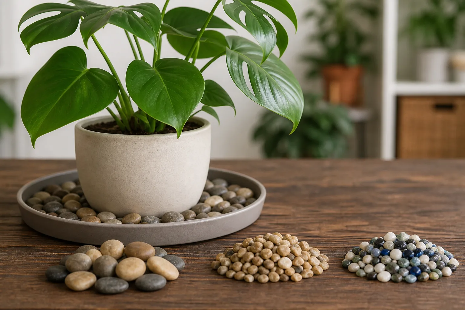 Three pebble types—pea gravel, river pebbles, and clay LECA—beside a shallow DIY humidity tray