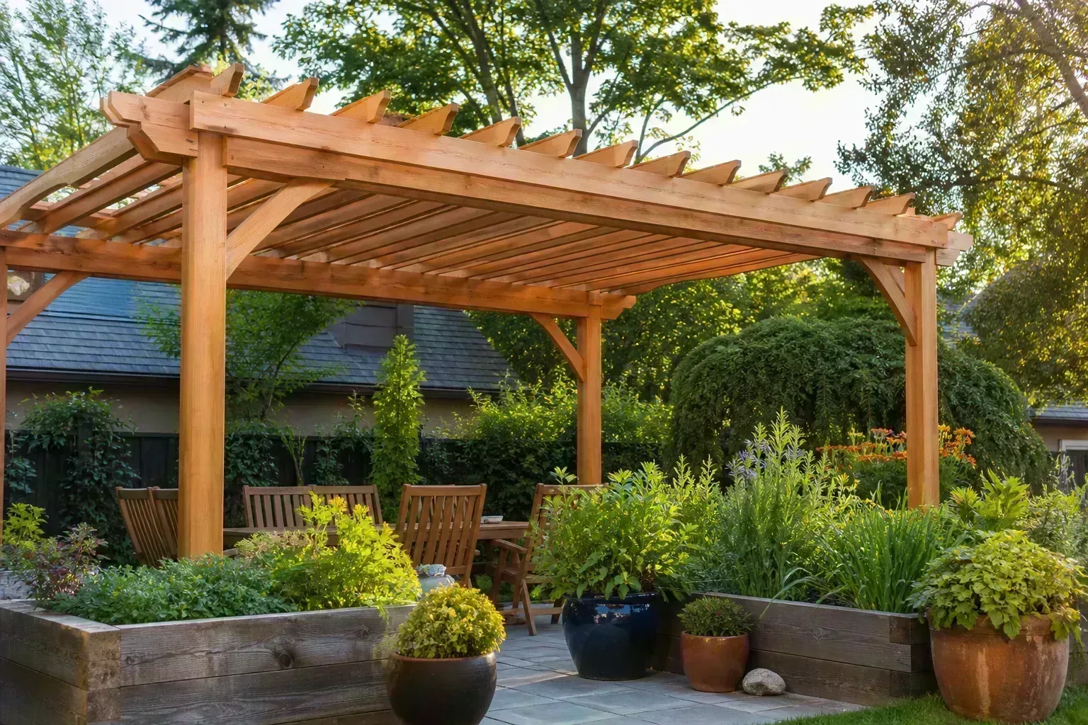 Cedar post-and-beam pergola beside garden beds and patio containers