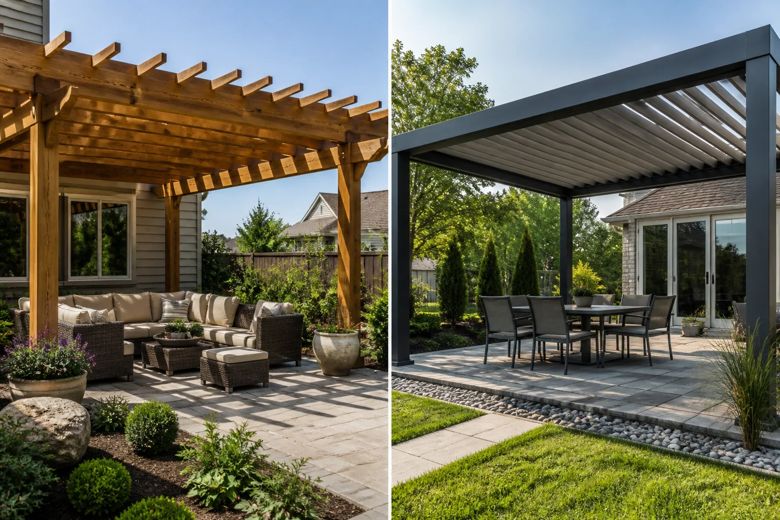 Open cedar-beam pergola beside a metal louvered pergola illustrating different roof types