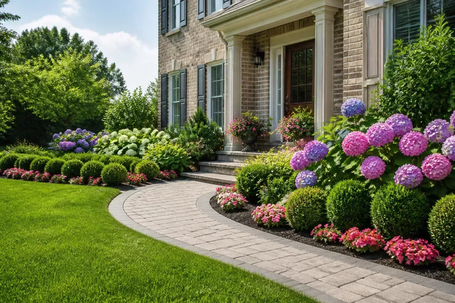 Foundation planting with structured shrubs and layered curb appeal
