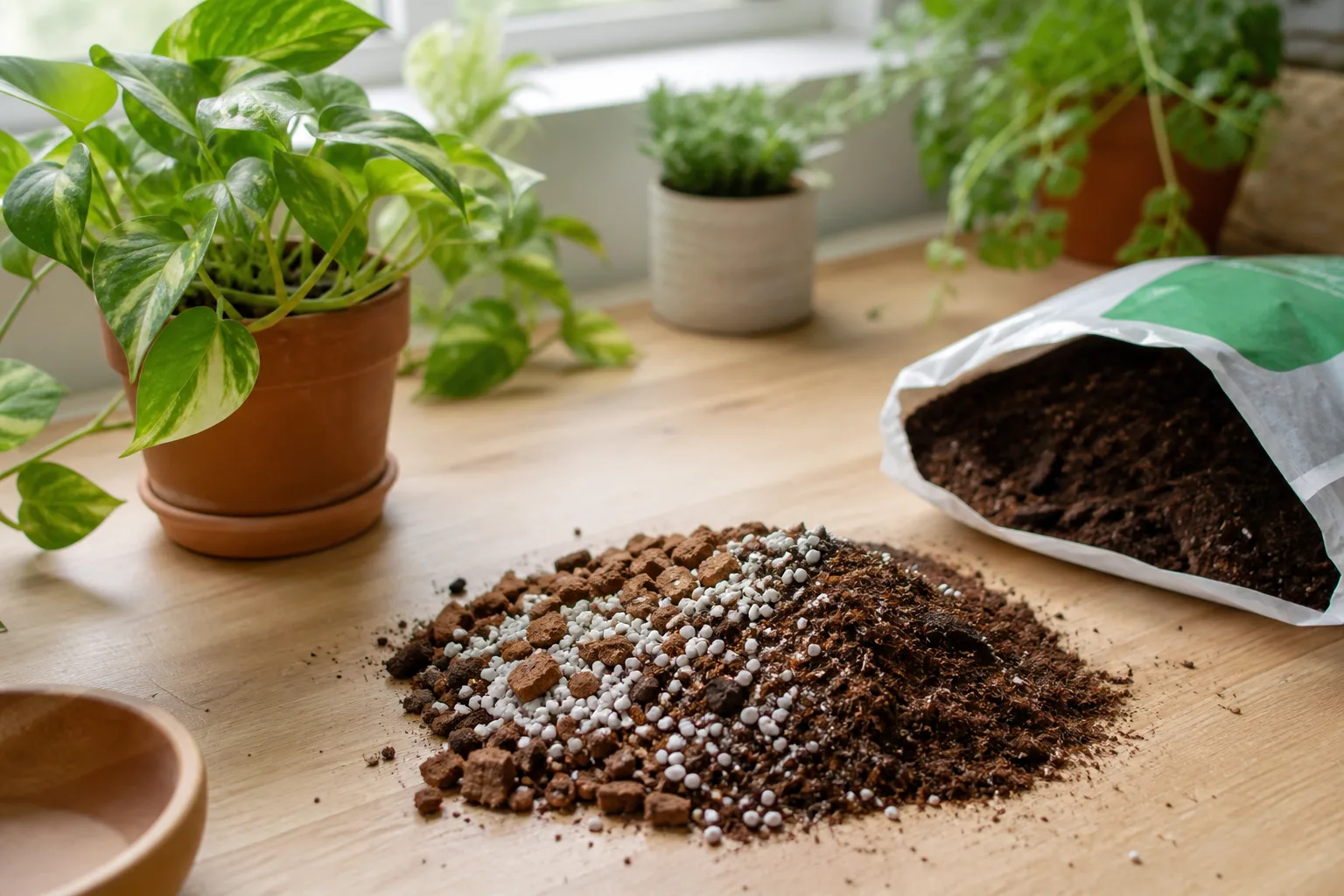 Hands mixing perlite, bark, and coco coir into a loose indoor plant potting blend on a repotting table