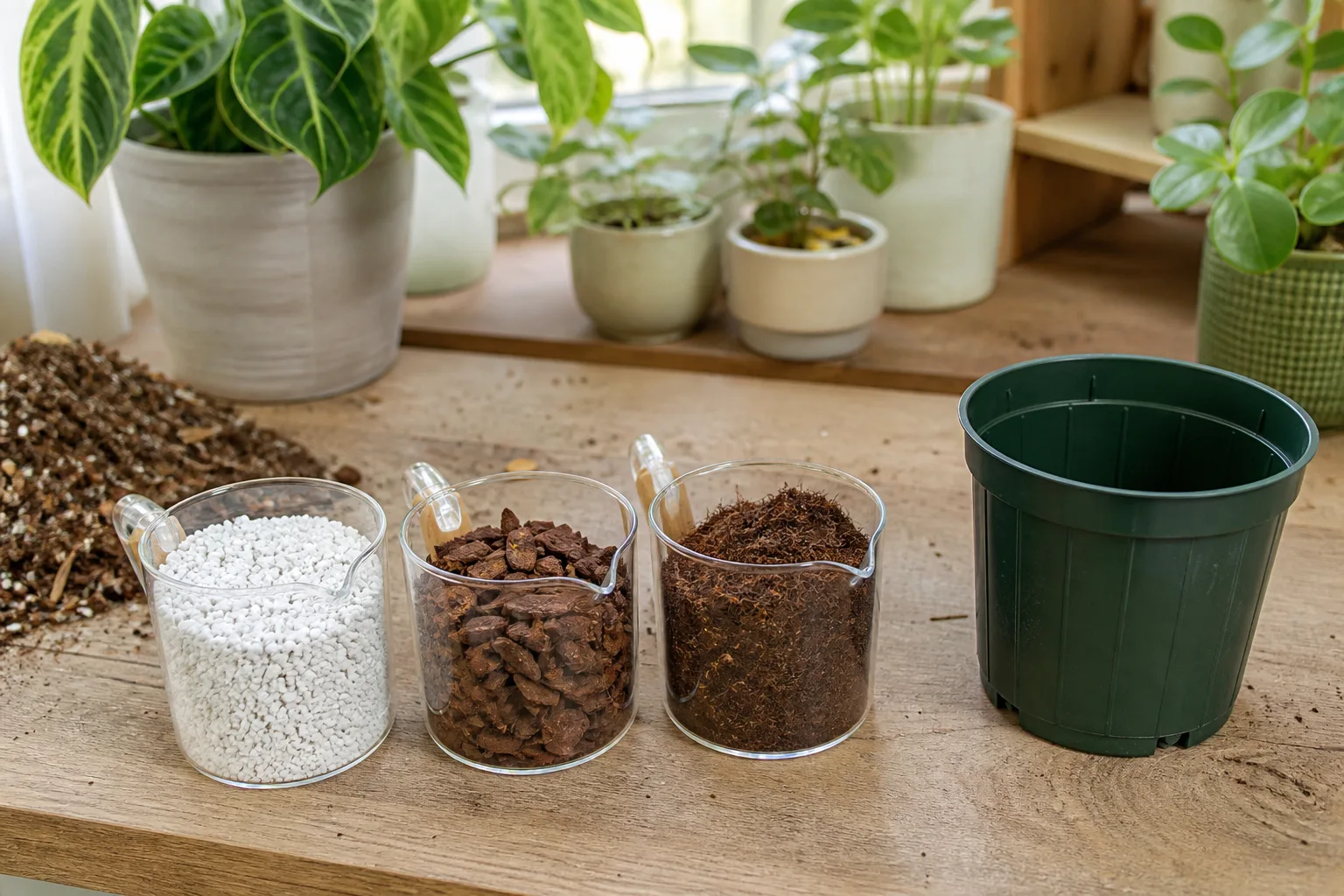 Measuring cups of perlite, bark, and coco coir for a single 6-inch repot batch