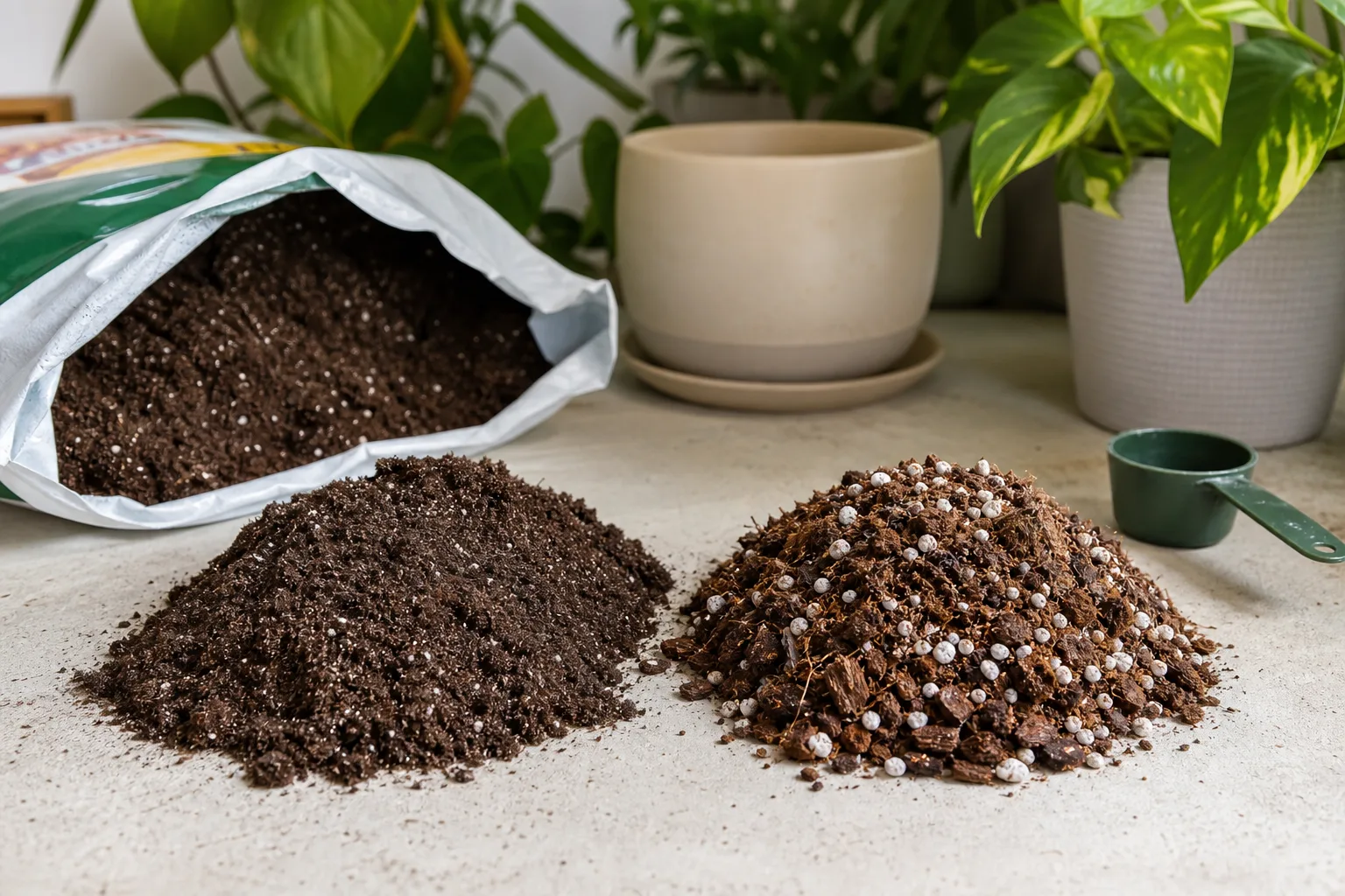 Store-bought indoor potting mix beside an amended DIY blend showing texture difference