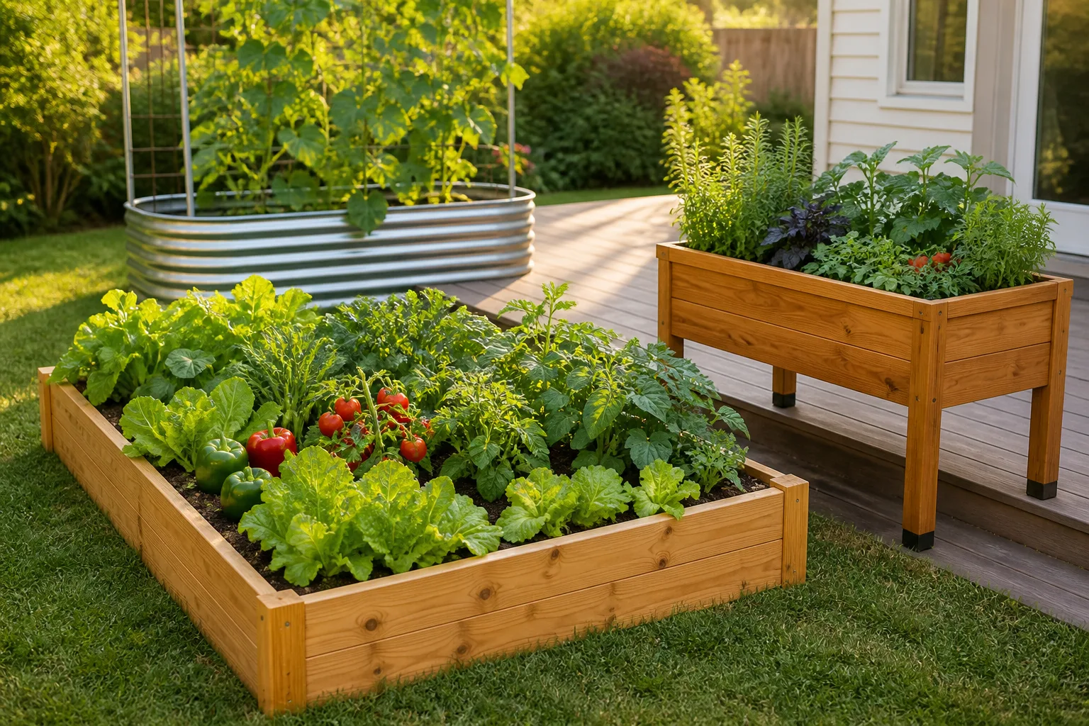 Wooden raised garden beds with healthy vegetables and flowers in a sunny yard