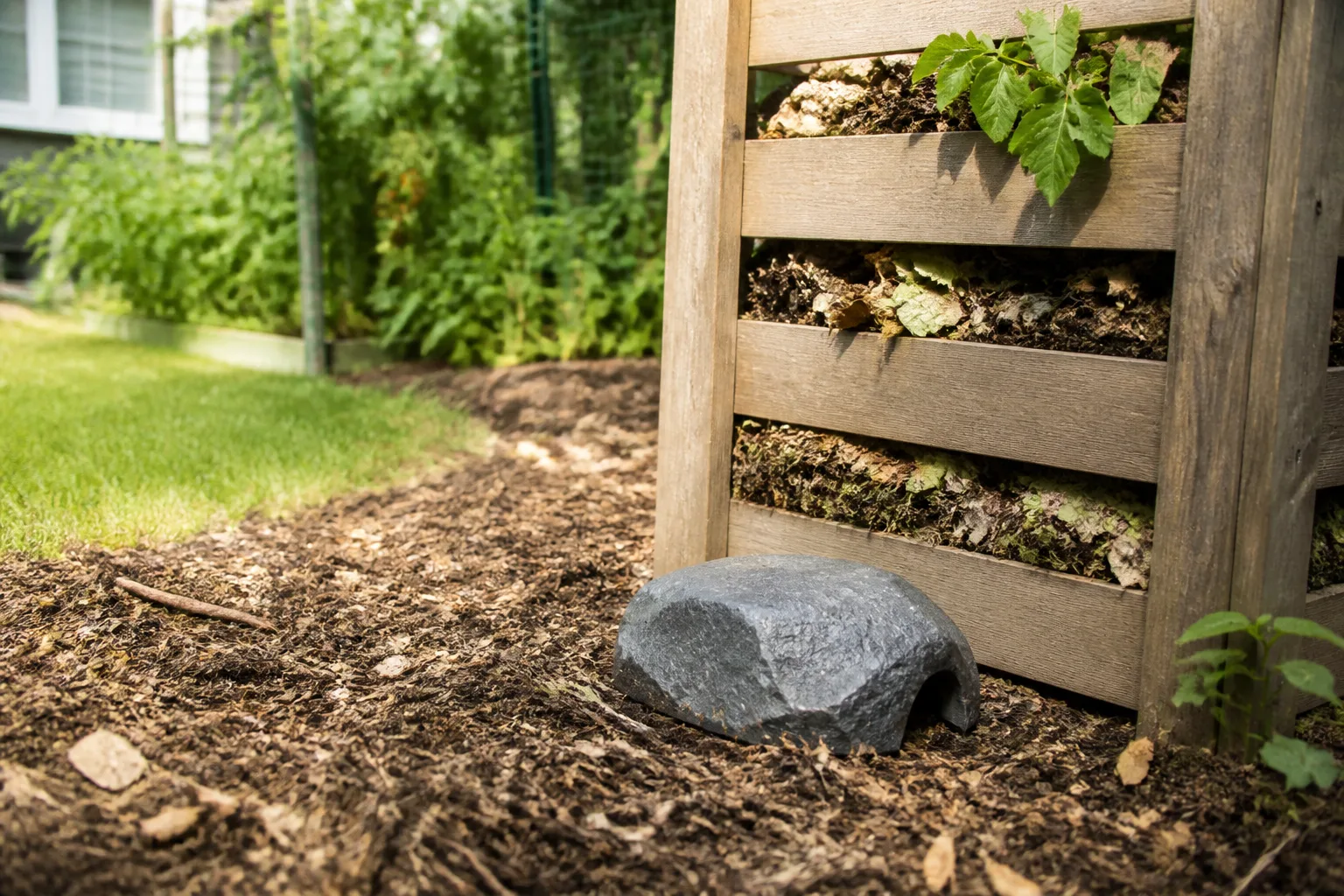 Covered bait station positioned near an outdoor garden bed and foundation route
