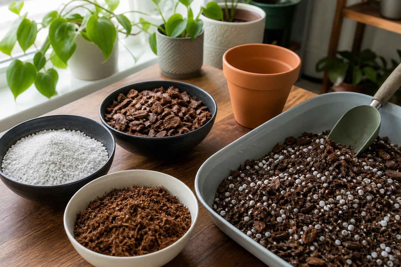 Bowls of perlite, orchid bark, and coco coir ready for a DIY indoor potting mix