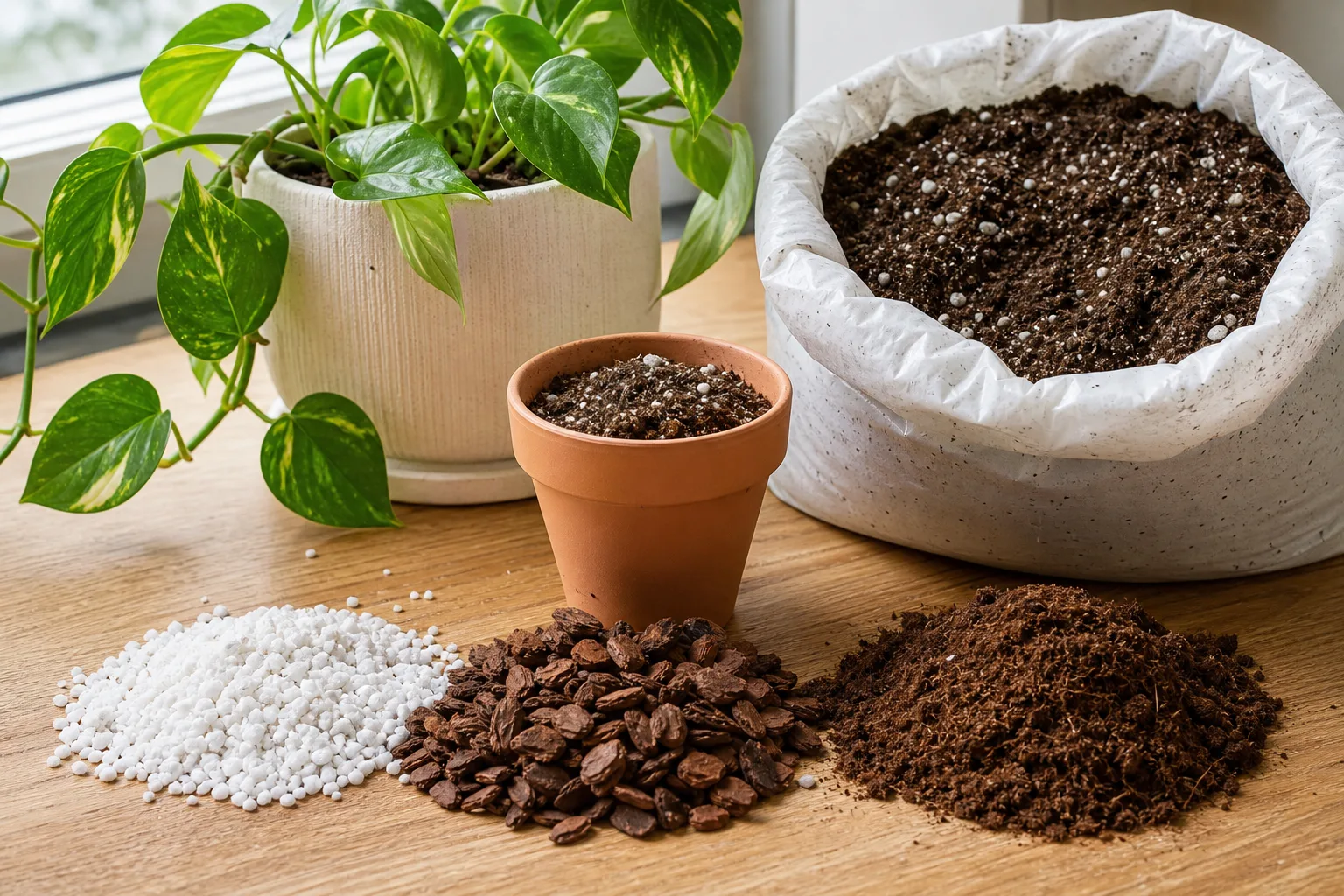Hands mixing perlite, bark, and coco coir into a loose indoor plant potting blend on a repotting table