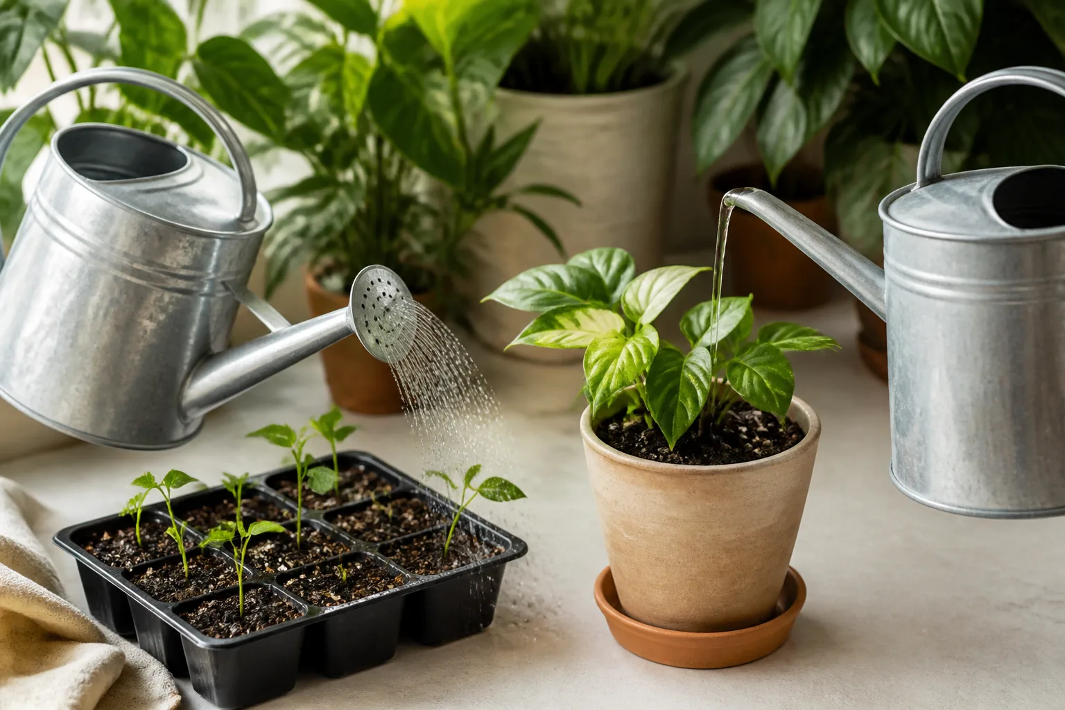 Top watering houseplants with a watering can rose spout over potting mix