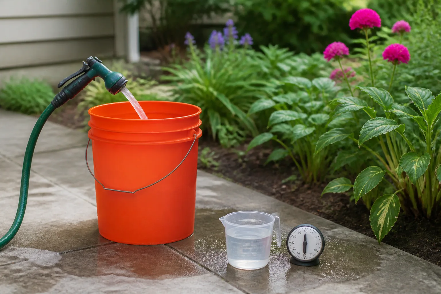 Bucket and hose setup used to measure outdoor water flow before irrigating