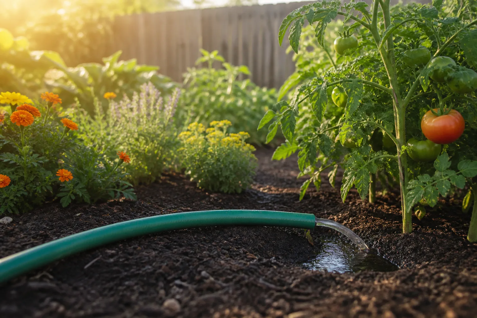 Garden hose slowly watering the soil at the base of a vegetable garden