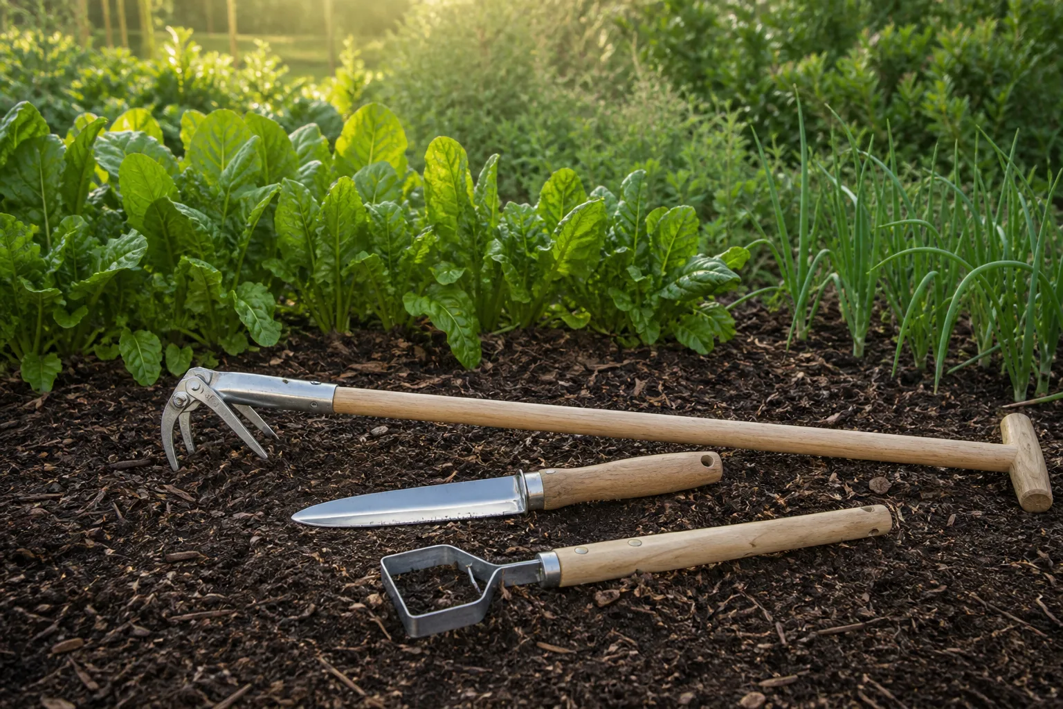 Stand-up weed puller, hori hori knife, and stirrup hoe laid on mulch in a vegetable garden bed