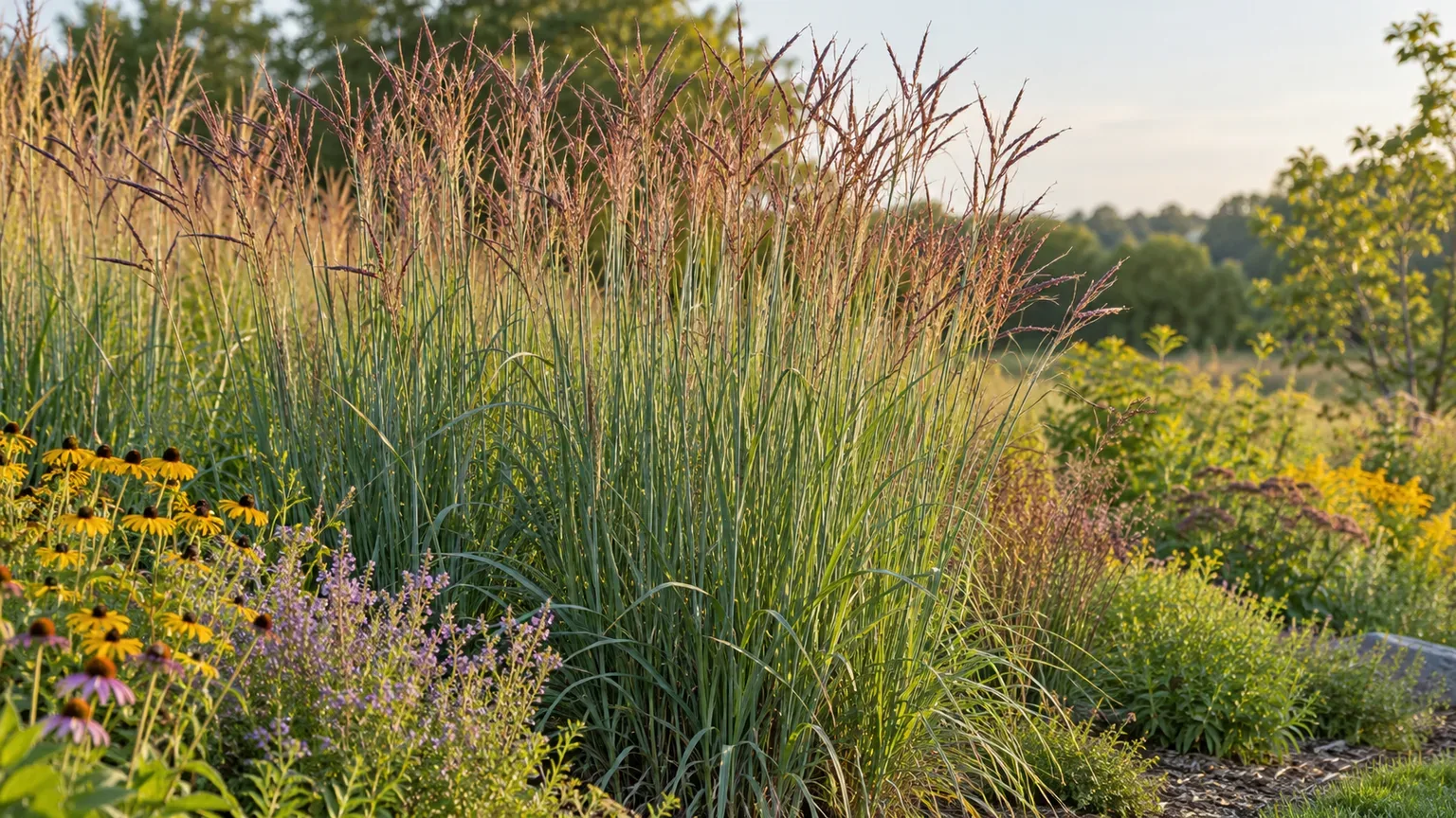Tall blue-green big bluestem with turkey-foot seed heads in a sunny native garden