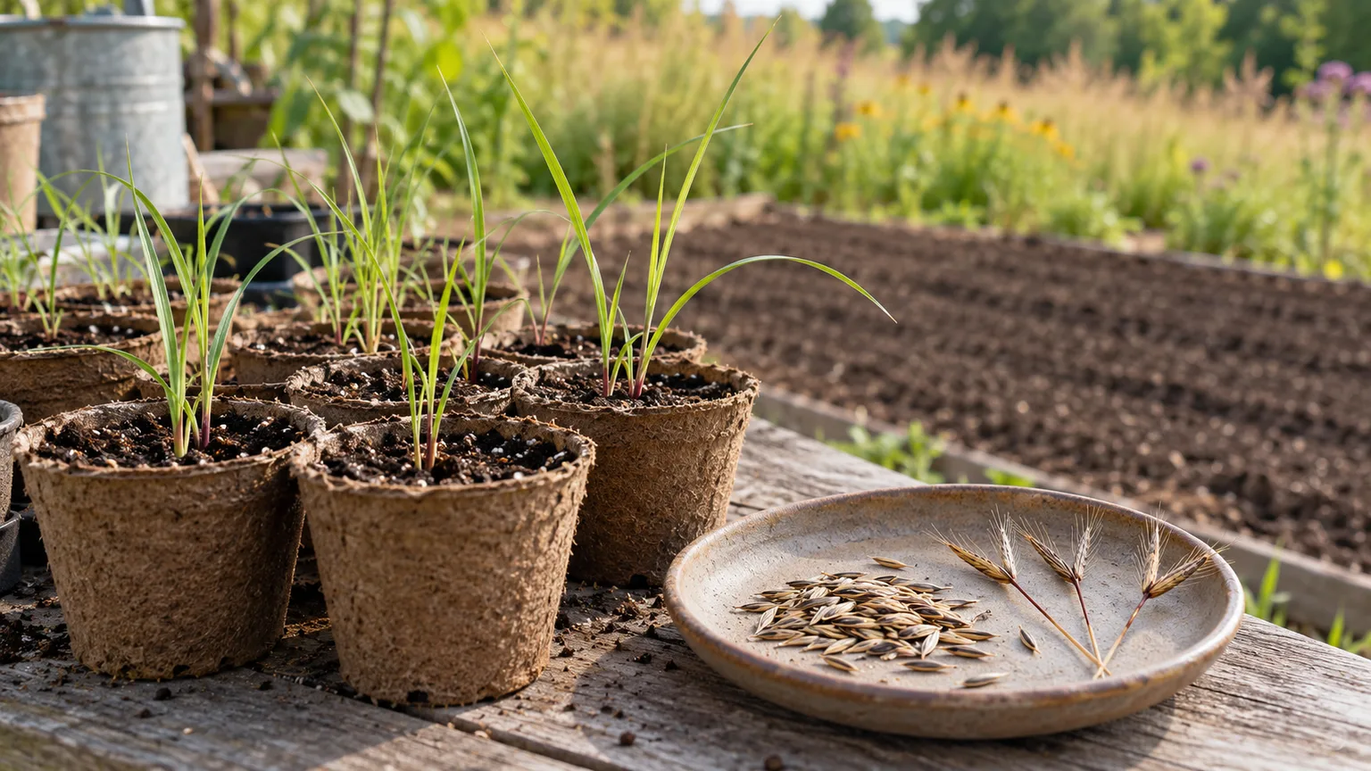 Young big bluestem seedlings, seed heads, and seed on a potting bench before planting