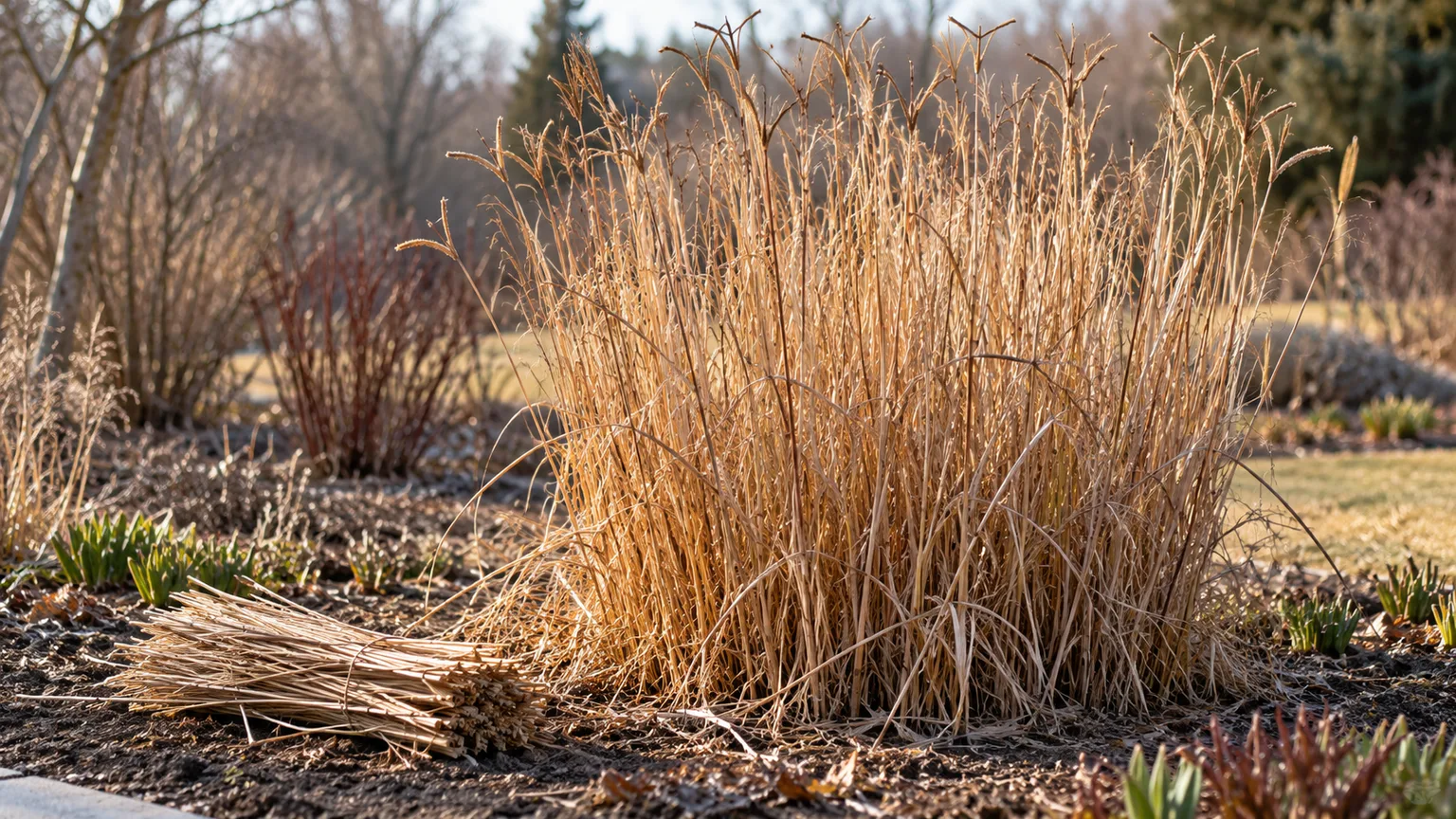 Big bluestem’s dry winter stems left standing before late-winter cleanup