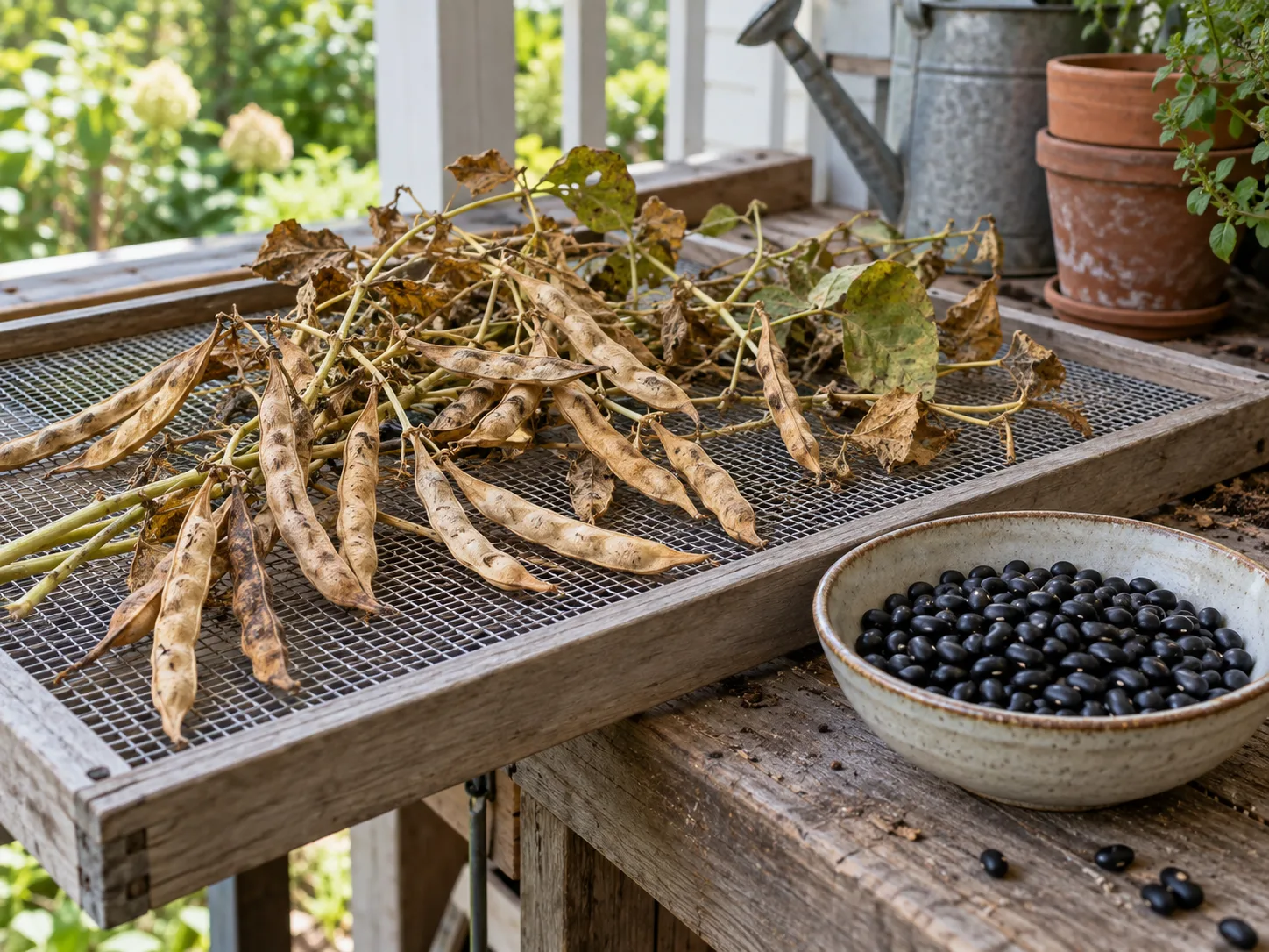 Dry bean pods and shelled black beans finishing their drying stage