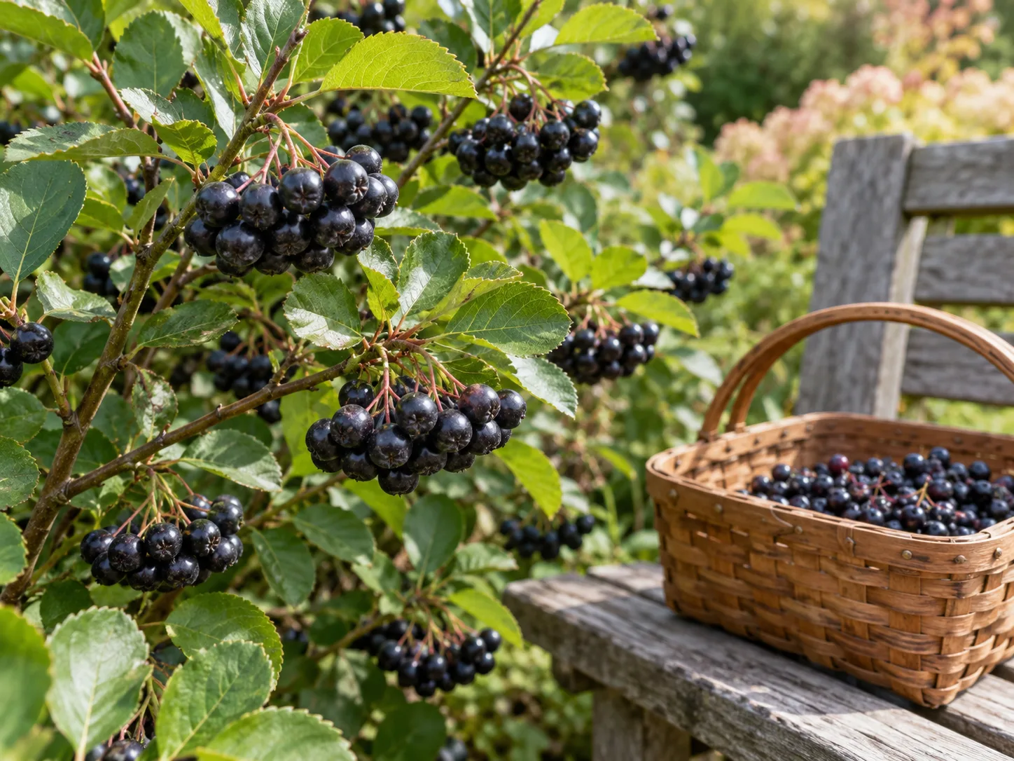 Ripe black chokeberry clusters beside a small harvest basket