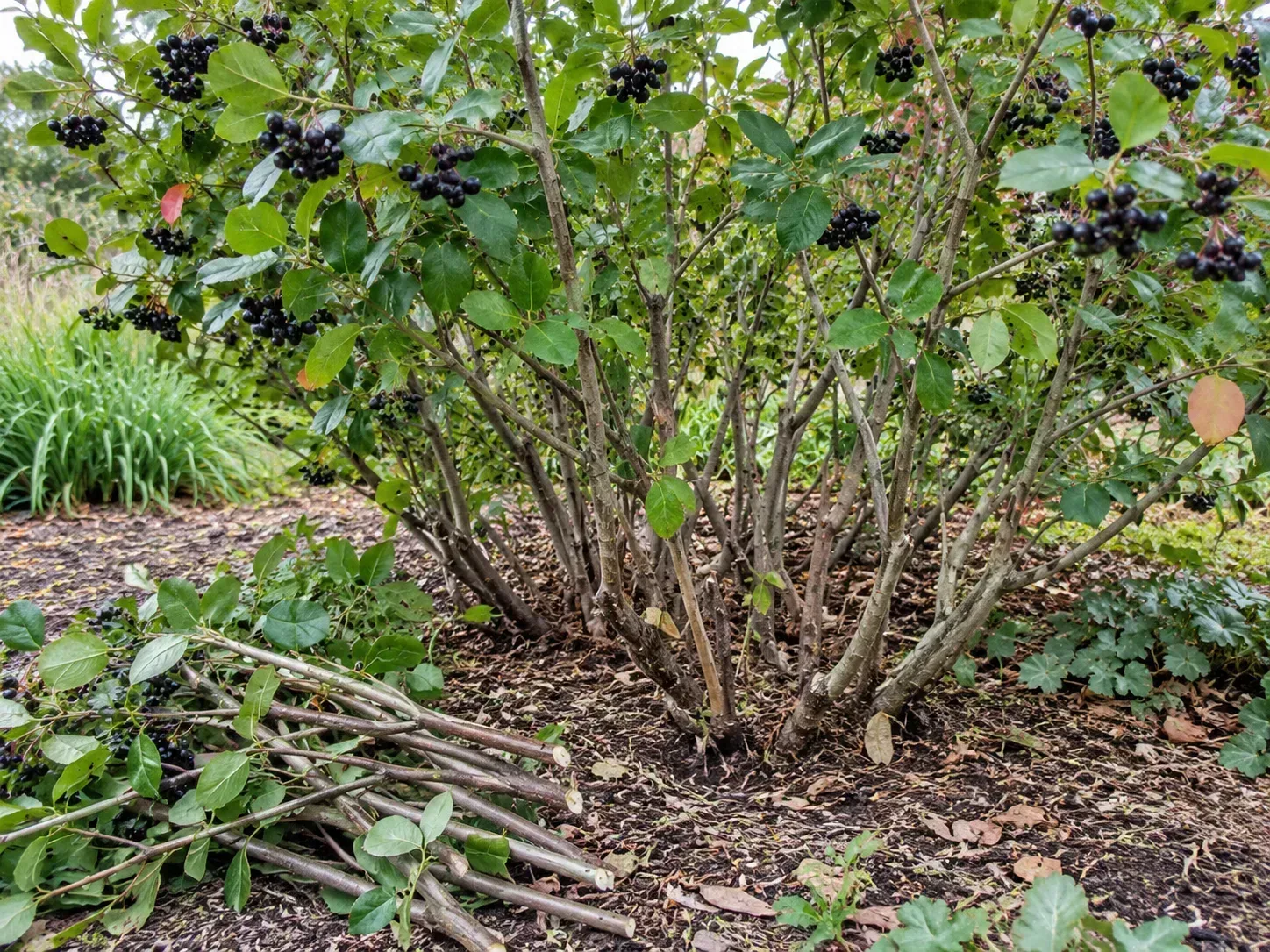 A mature black chokeberry clump after selective cane thinning