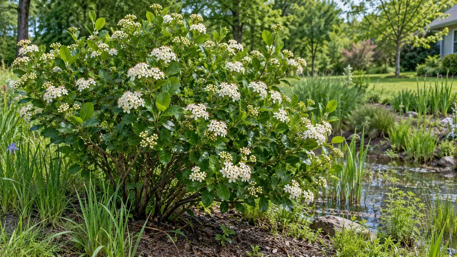 Black chokeberry planted at the edge of a moist garden bed with grasses